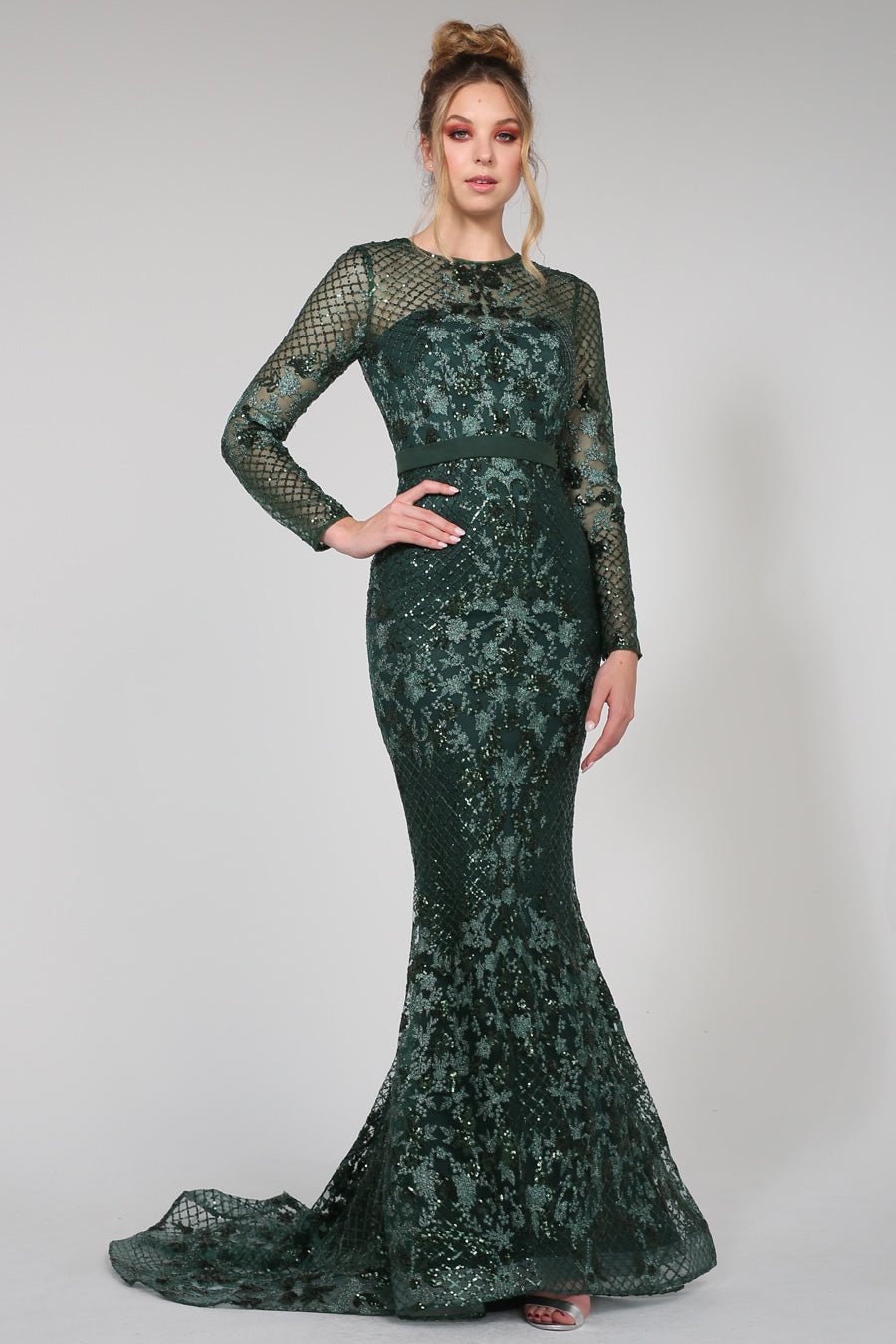 Tina Holly Couture TA139 Emerald Green Sequin Long Sleeve Mermaid Formal Dress in Australia | One Honey Boutique