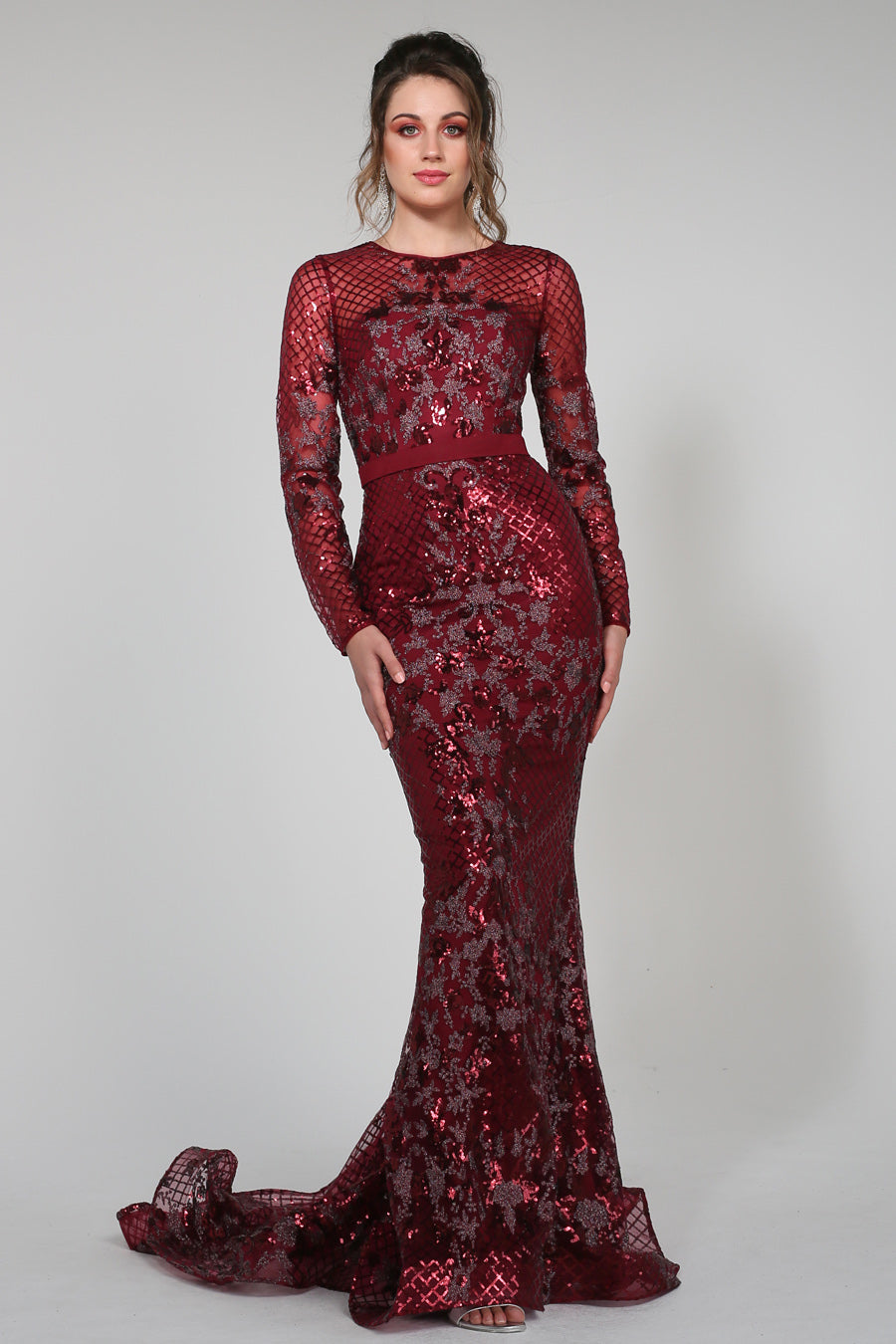 TINA HOLLY COUTURE TA139 Burgundy Sequin Long Sleeve Mermaid Formal Dress with sheer top, prom gown Brisbane to Gold Coast