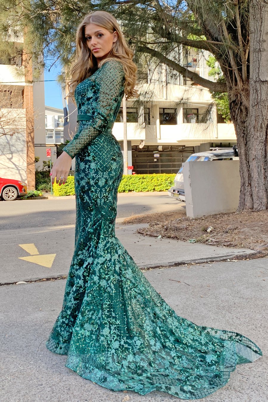 Tina Holly Couture TA139 Emerald Green Sequin Long Sleeve Mermaid Formal Dress in Australia | One Honey Boutique