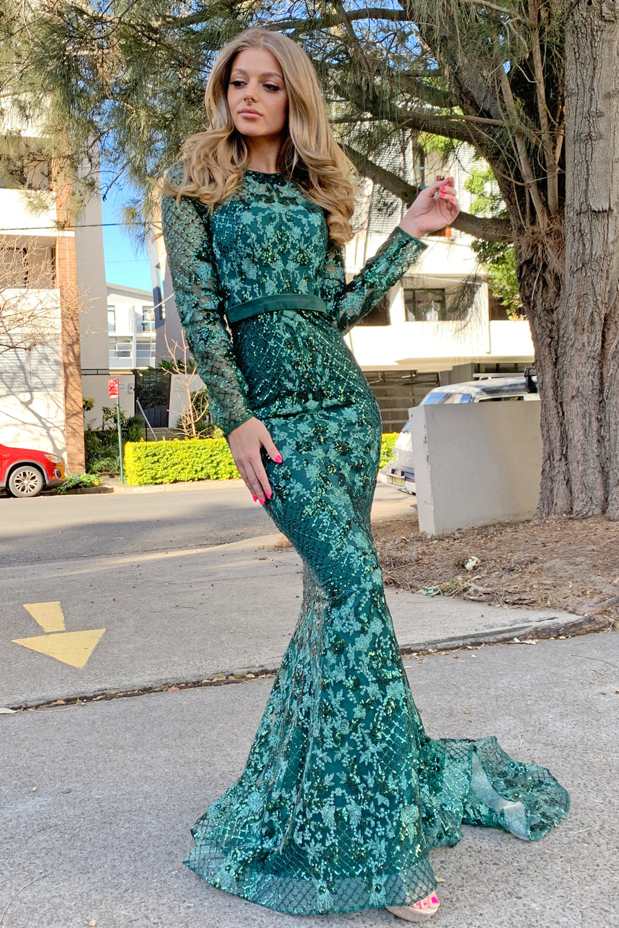 TINA HOLLY COUTURE TA139 Emerald Green Sequin Long Sleeve Mermaid Formal Dress, elegant prom gown, Brisbane to Gold Coast