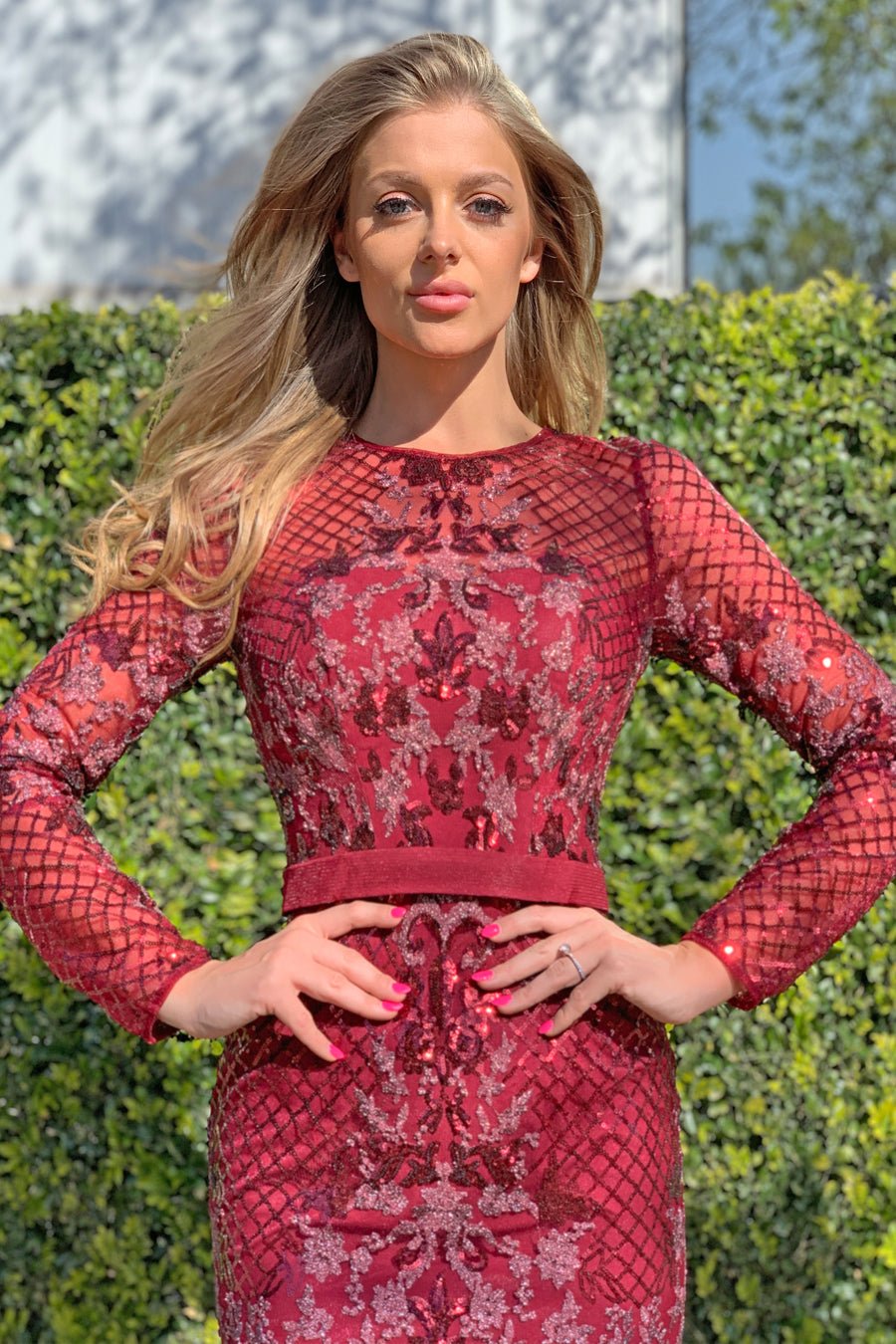 Tina Holly Couture TA139 Burgundy Sequin Long Sleeve Mermaid Formal Dress in Australia | One Honey Boutique