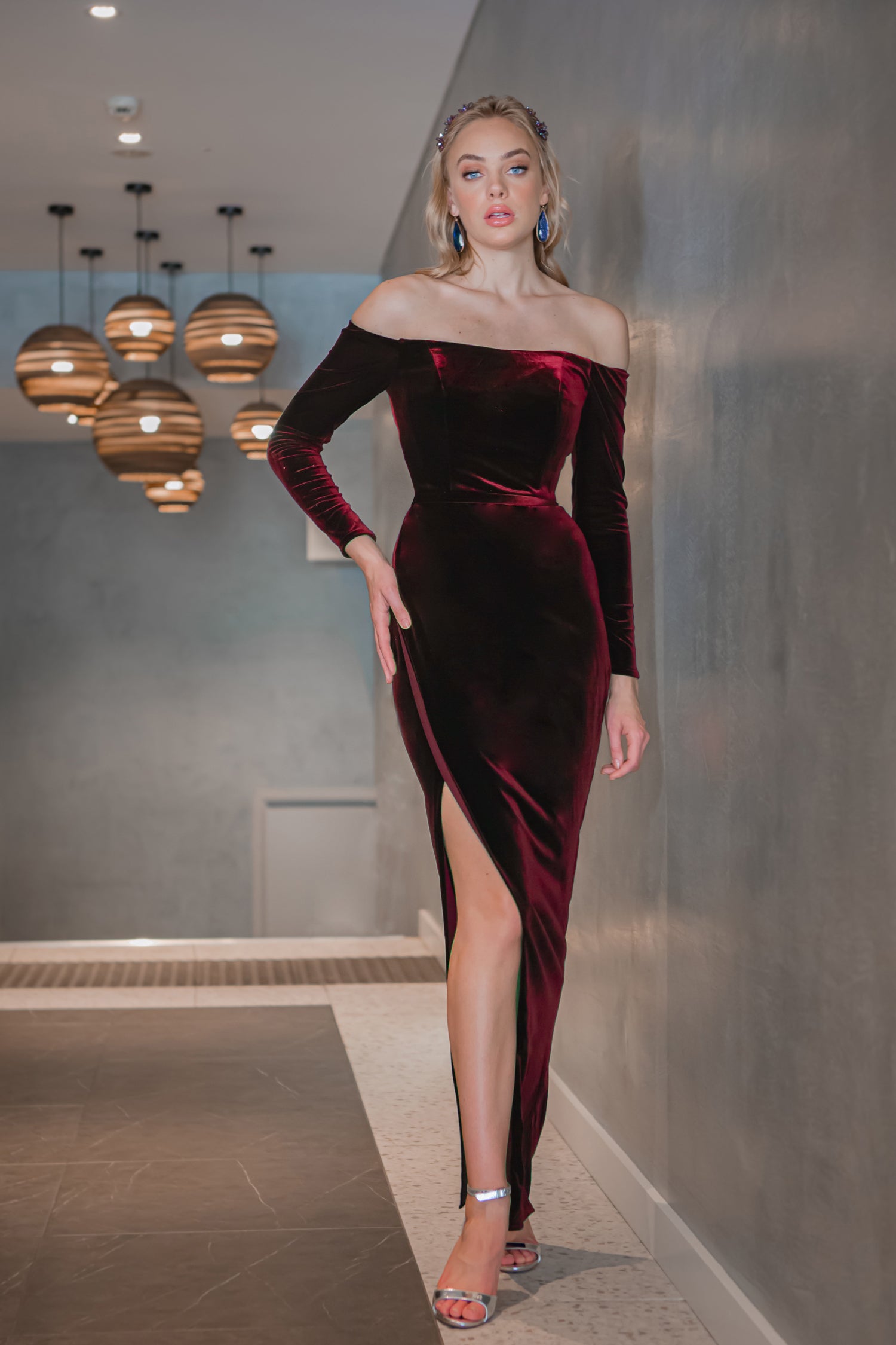 Tina Holly Couture TA301 Wine Red Velvet Long Sleeve Midi Formal Dress {vendor} AfterPay Humm ZipPay LayBuy Sezzle
