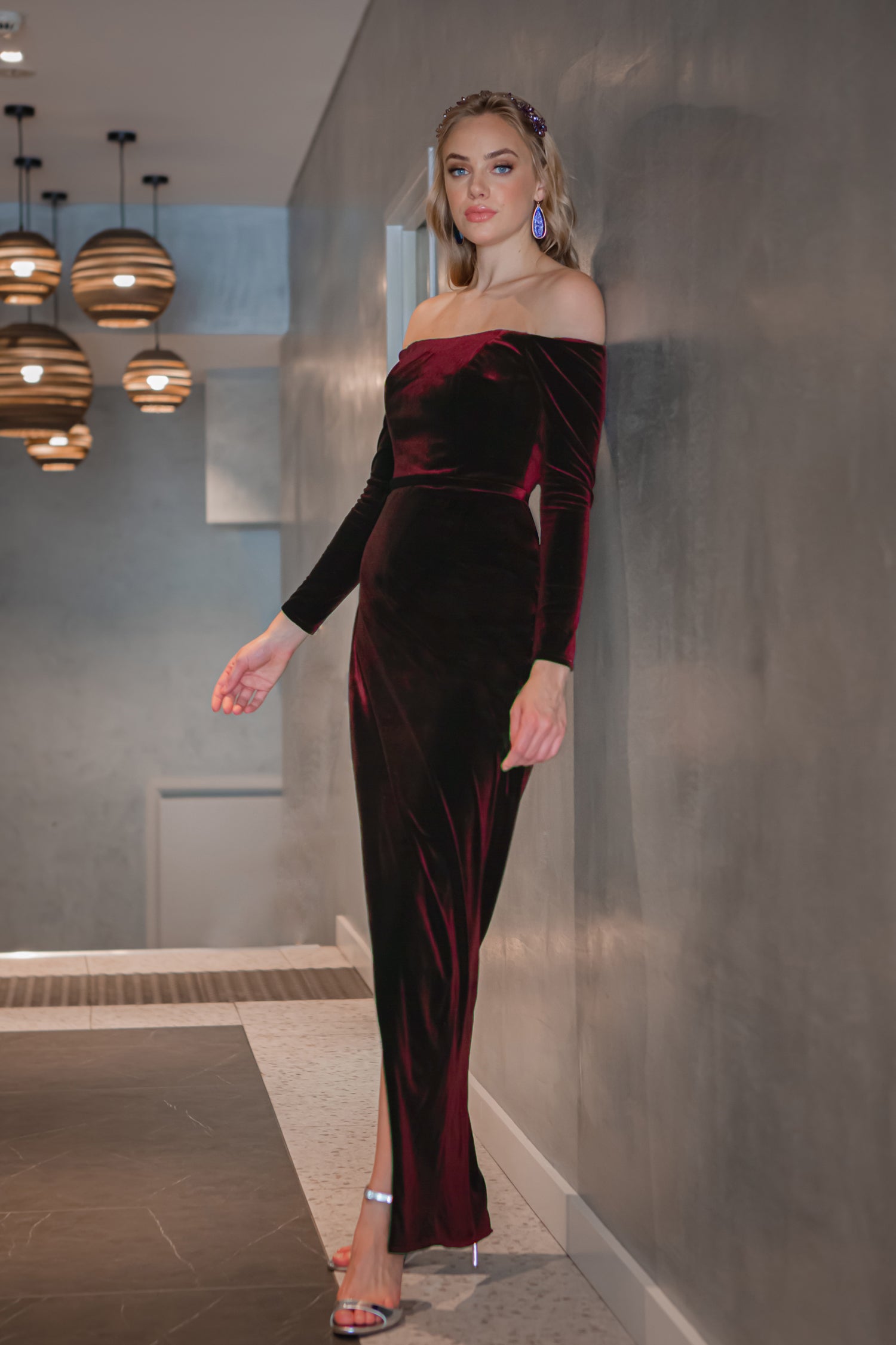 Tina Holly Couture TA301 Wine Red Velvet Long Sleeve Midi Formal Dress {vendor} AfterPay Humm ZipPay LayBuy Sezzle