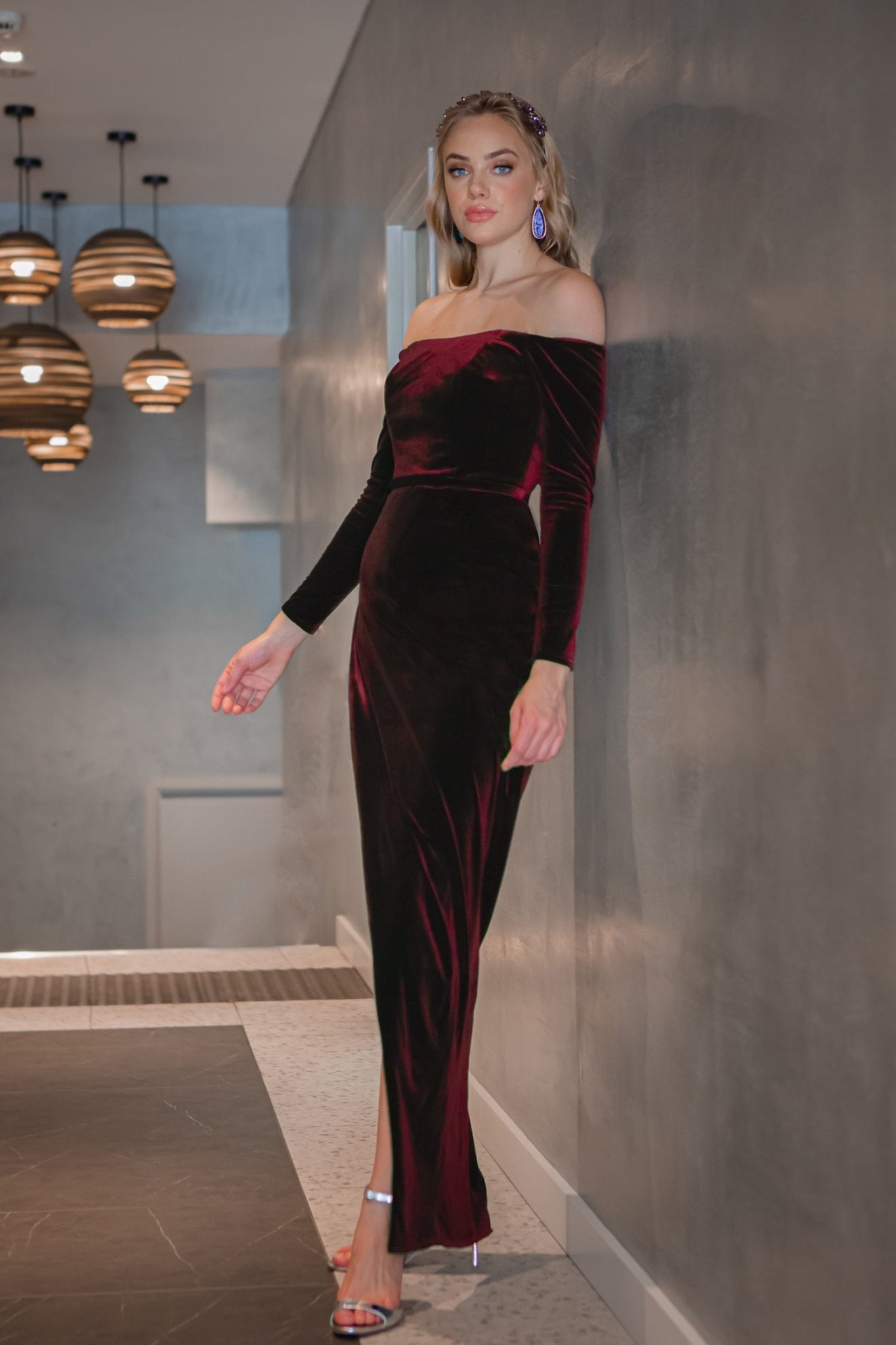 Tina Holly Couture TA301 Wine Red Velvet Long Sleeve Midi Formal Dress Tina Holly Couture TA301 Wine Red Velvet Long Sleeve Midi Formal Dress
