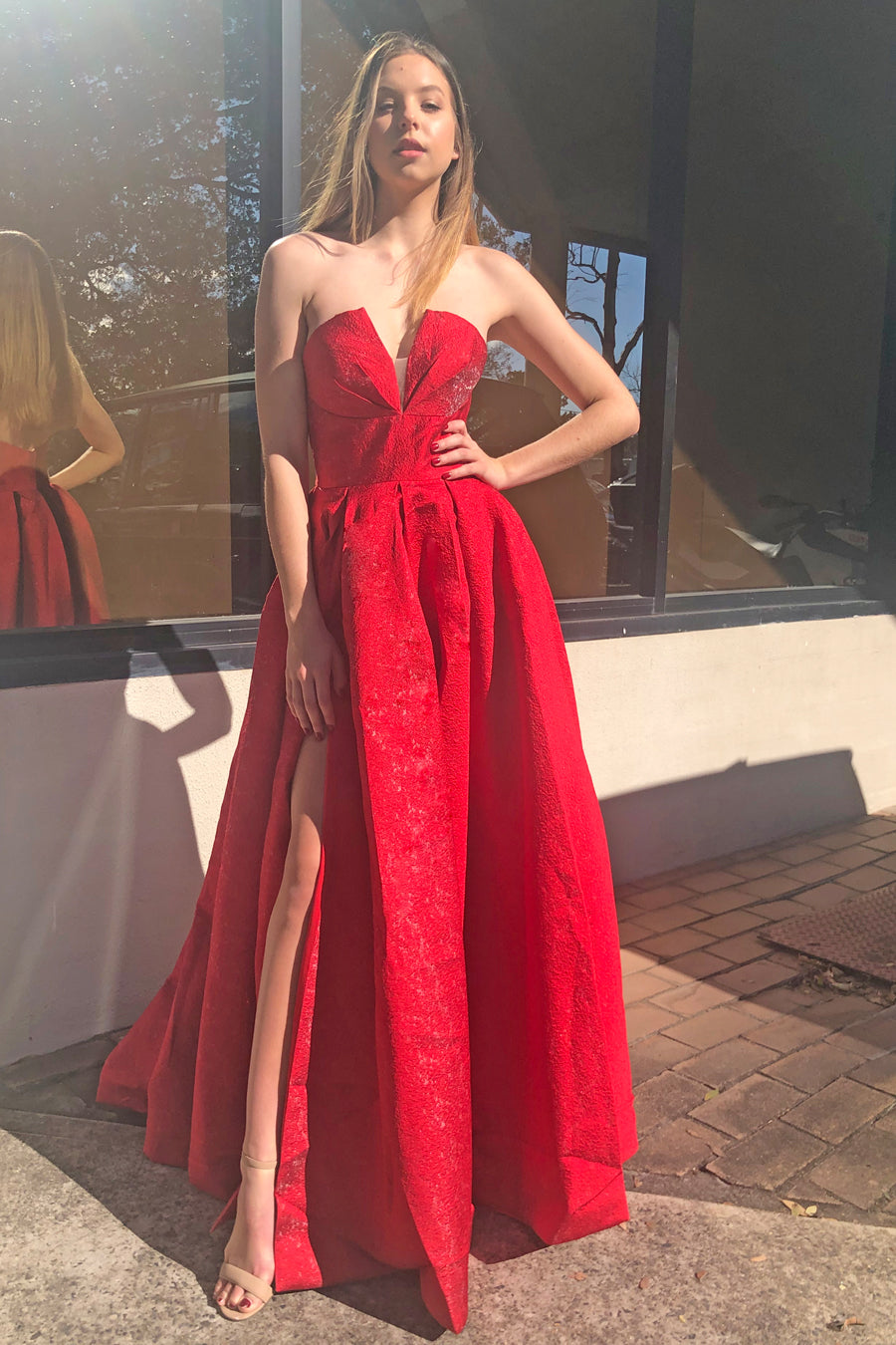 TINA HOLLY COUTURE TA611B red strapless ball gown with high slit, formal dress, Brisbane to Gold Coast