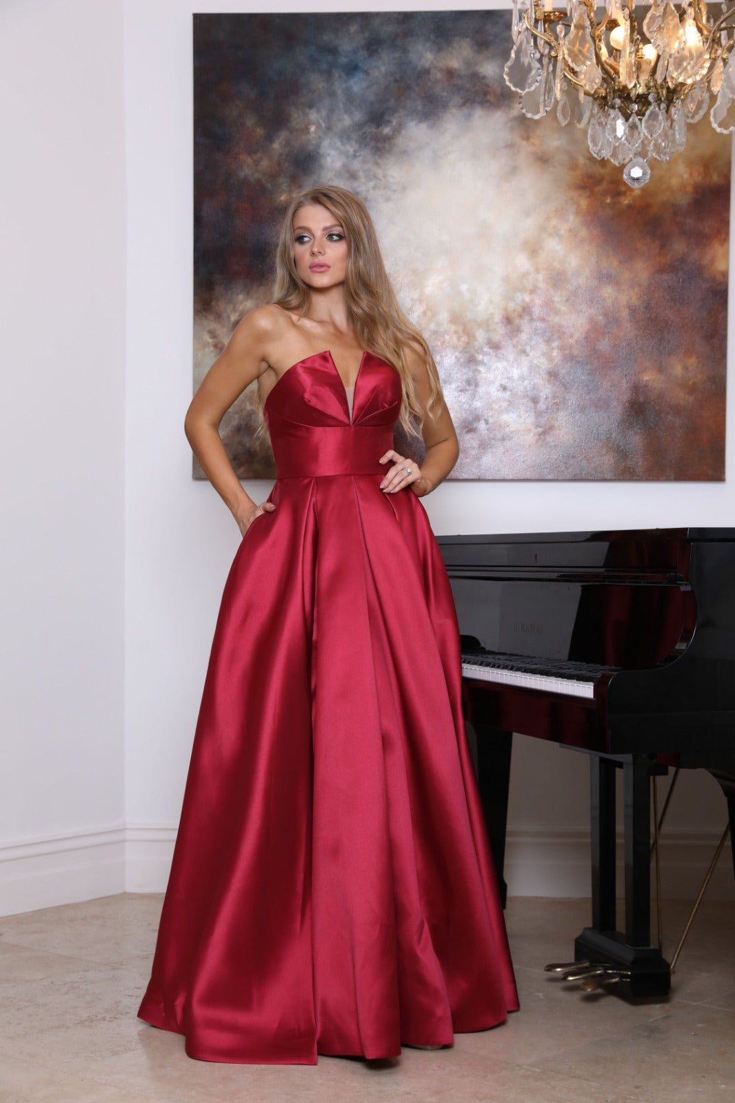 TINA HOLLY COUTURE TA611 Wine strapless satin ball gown, formal dress with padded bust. Perfect for school formal. Brisbane to Gold Coast.