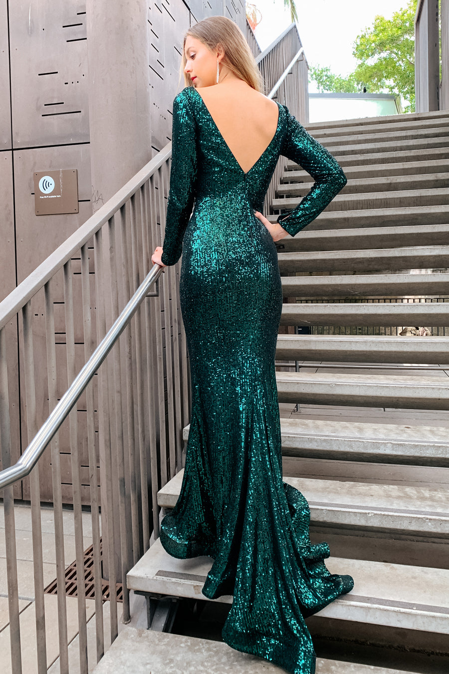 TINA HOLLY COUTURE TA803 sequin long sleeve formal dress, deep v-back, school formal dress Brisbane to Gold Coast