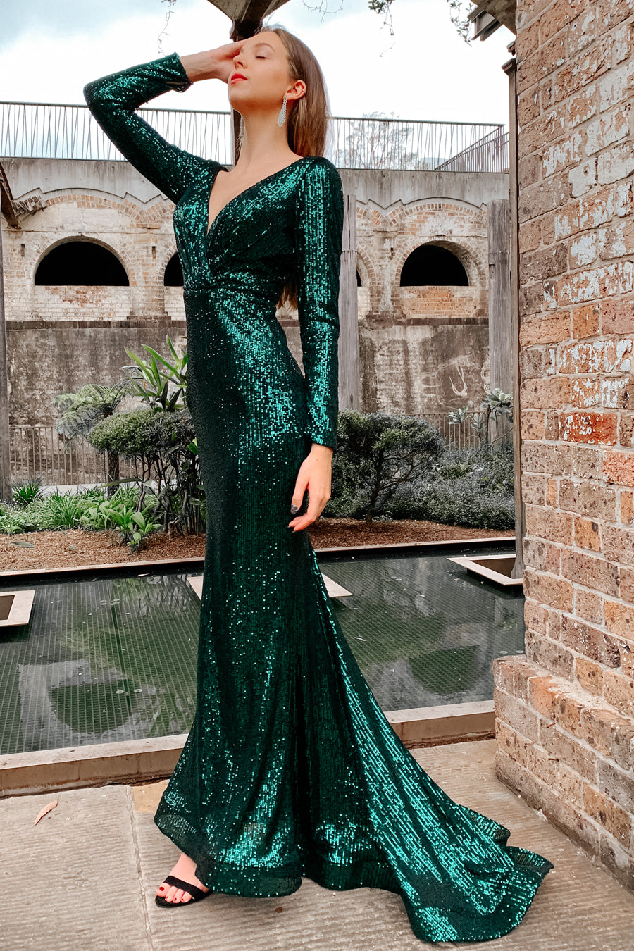 TINA HOLLY COUTURE TA803 Emerald Green Sequin Long Sleeve Formal Dress, School Formal Gown, Brisbane to Gold Coast.