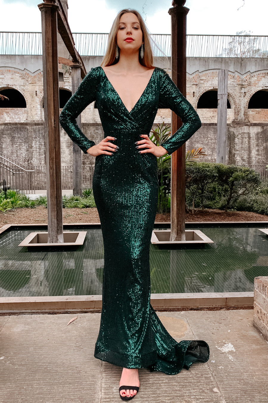 TINA HOLLY COUTURE TA803 sequin emerald green long sleeve school formal dress, deep V-neckline, Brisbane to Gold Coast, Australia