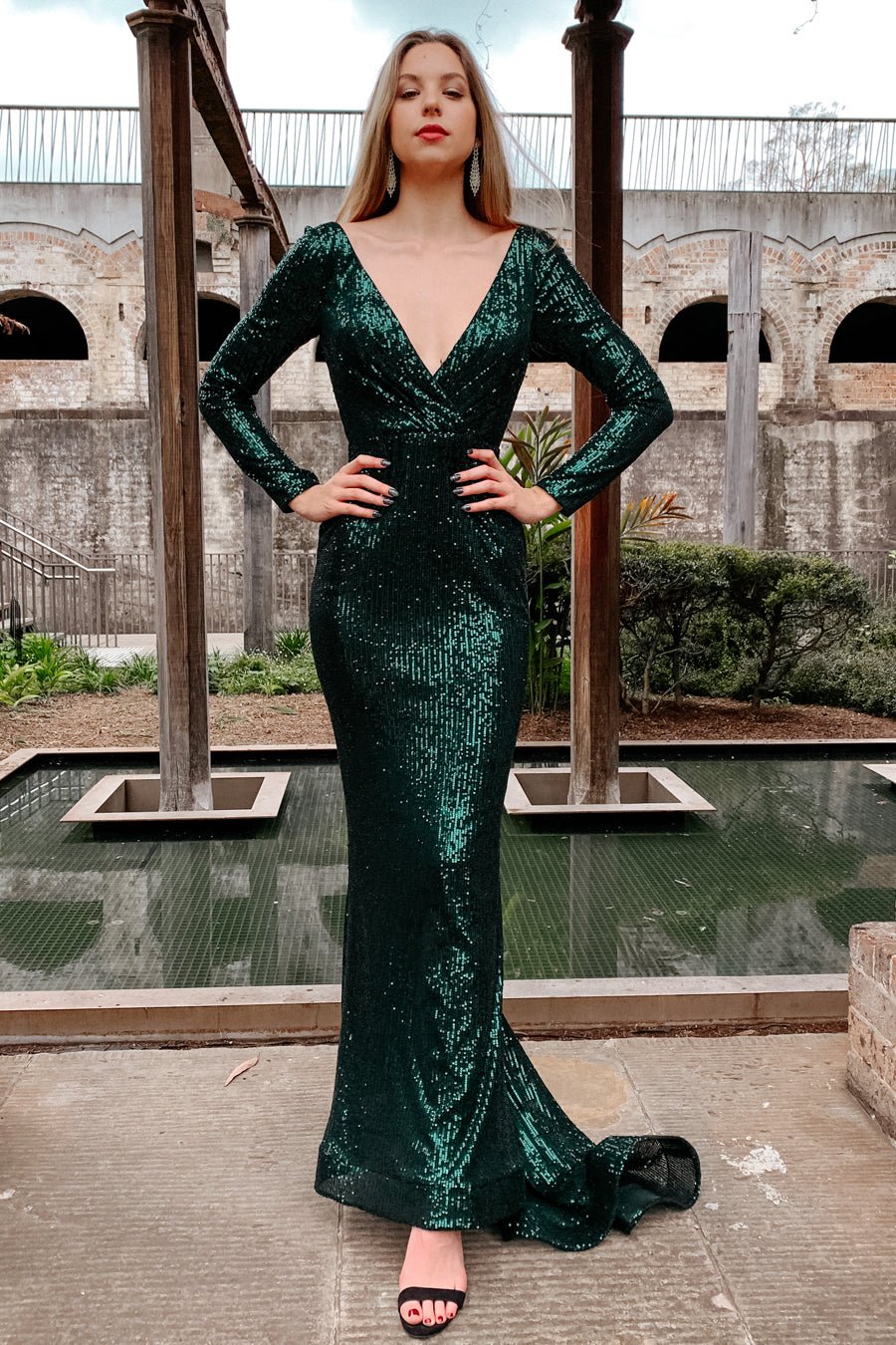 Tina Holly Couture Designer TA803 Emerald Green Long Sleeve Formal Dress in Australia | One Honey Boutique