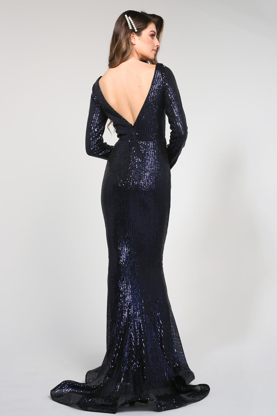 TINA HOLLY COUTURE TA803 sequin formal dress with long sleeves, deep V-back, perfect for school formal or bridesmaid. Brisbane to Gold Coast.