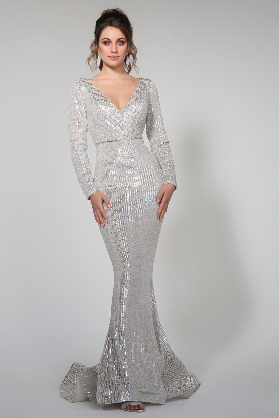 TINA HOLLY COUTURE TA803 Silver Sequin Long Sleeve Gown, perfect for school formals or bridesmaids. Brisbane to Gold Coast Australia
