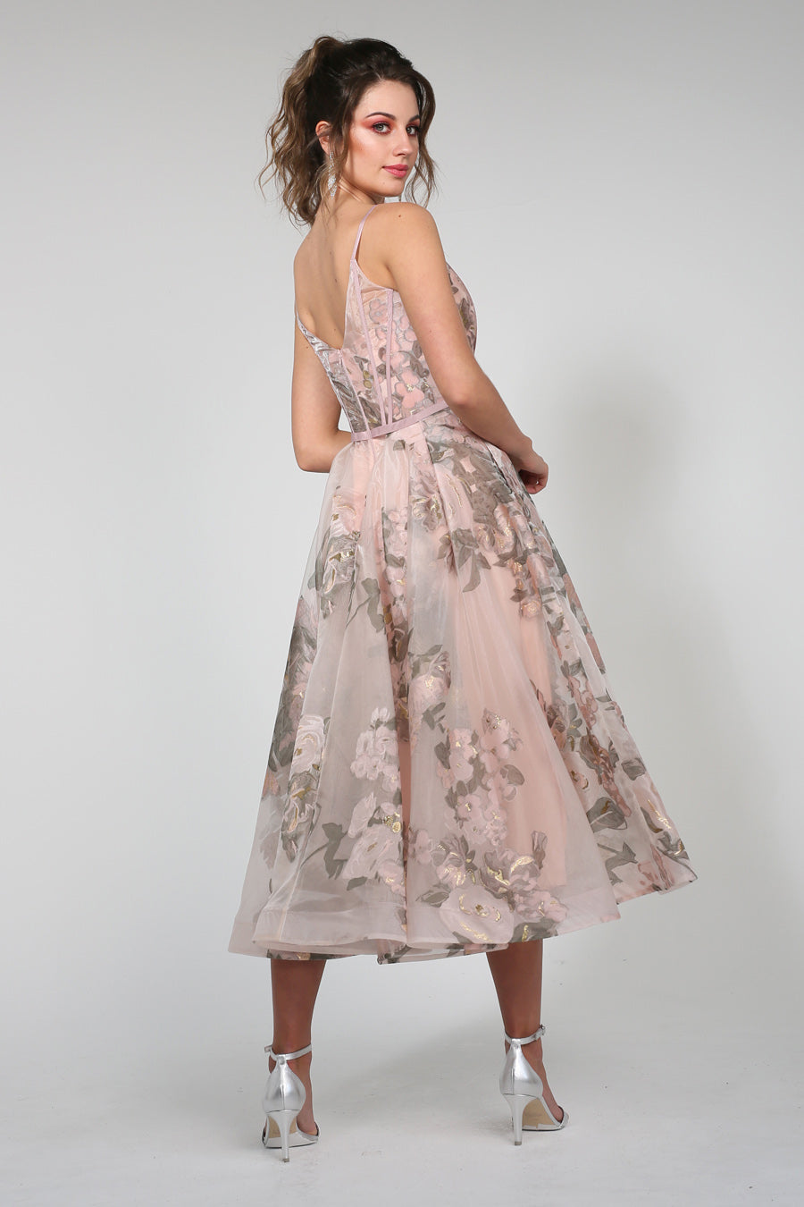 TINA HOLLY COUTURE TA815 pink floral mesh tea dress with delicate floral detailing, perfect for formal events. Brisbane to Gold Coast.