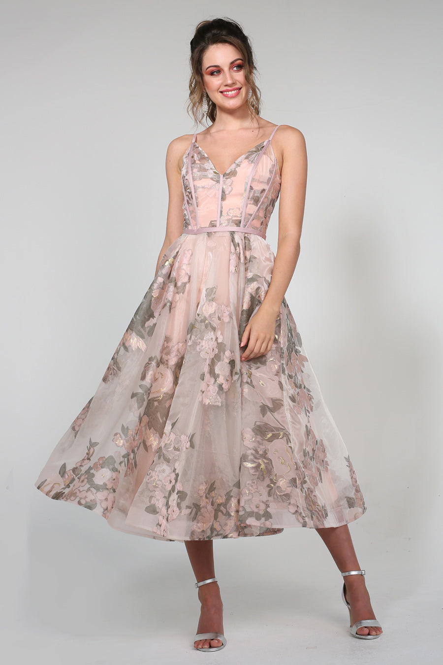 TINA HOLLY COUTURE TA815 pink floral mesh tea dress with strappy V-neckline, perfect for formal events, Brisbane to Gold Coast, Australia.