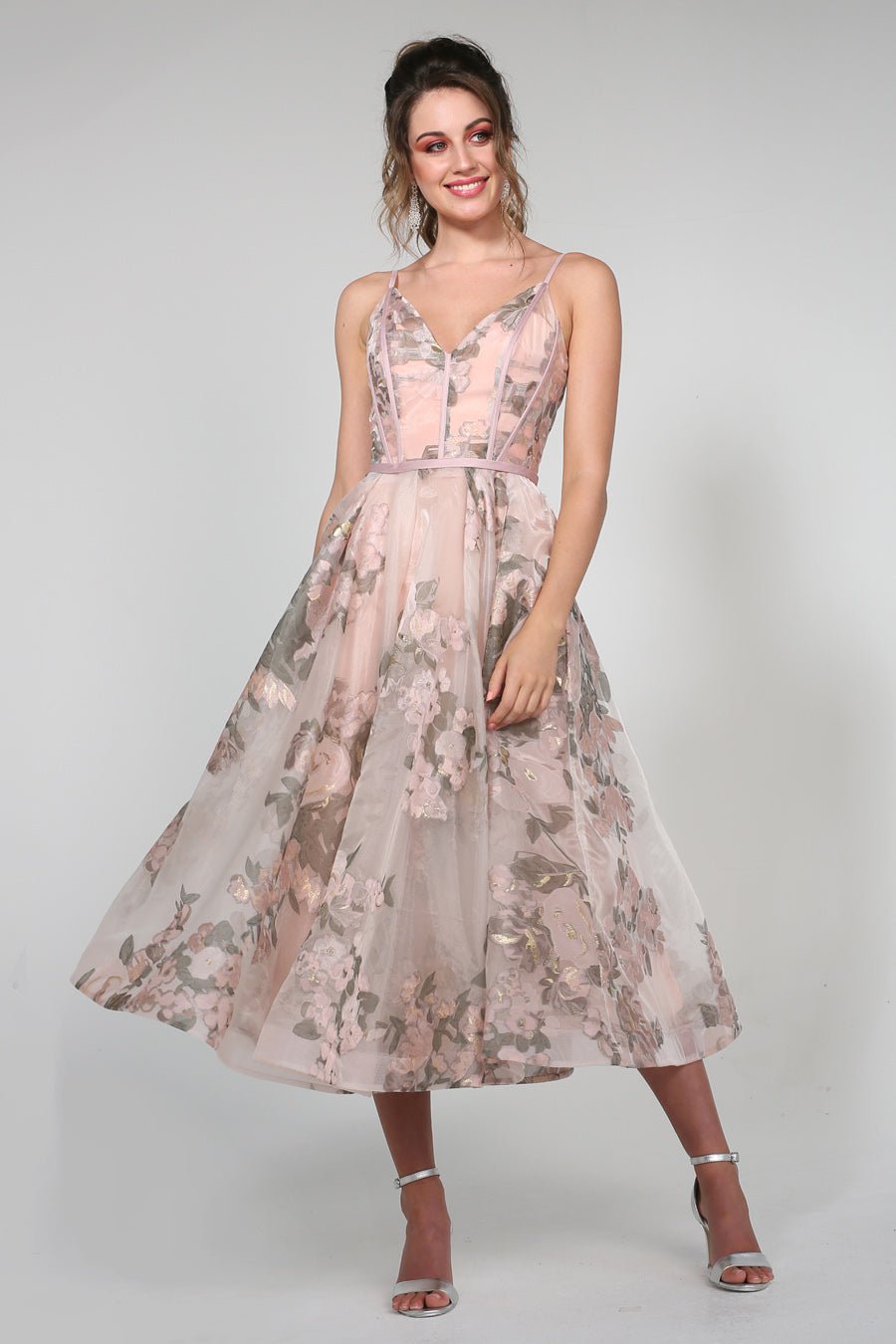Tina Holly Couture Designer TA815 Pink Floral Mesh Tea Dress in Australia | One Honey Boutique