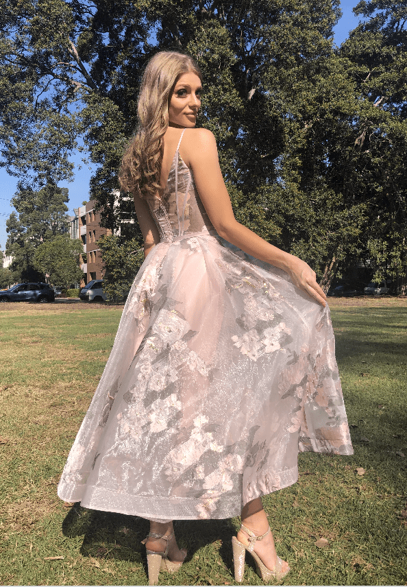 Tina Holly Couture Designer TA815 Pink Floral Mesh Tea Dress in Australia | One Honey Boutique