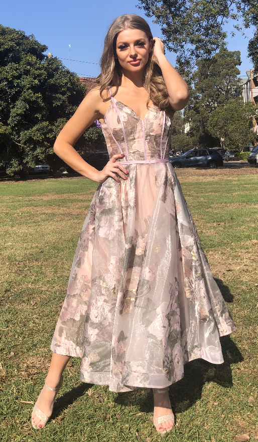 TINA HOLLY COUTURE TA815 pink floral tea dress with mesh overlay, perfect for formal events, Brisbane to Gold Coast, Australia.