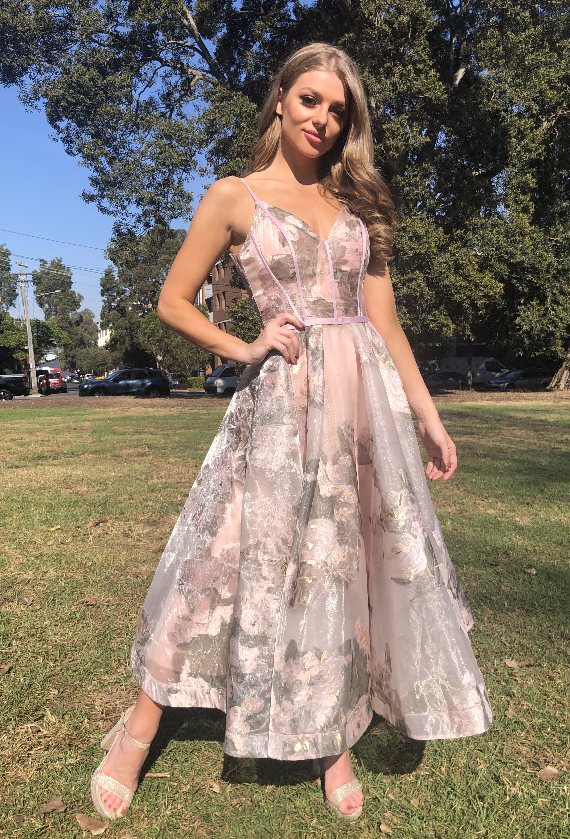 TINA HOLLY COUTURE TA815 pink floral mesh tea dress, features delicate shoulder straps, perfect for formal events, Brisbane to Gold Coast
