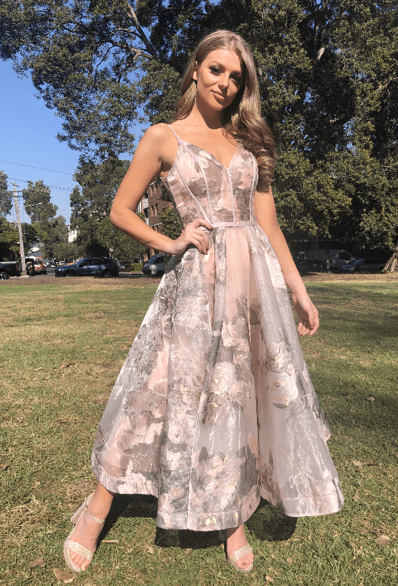 Tina Holly Couture Designer TA815 Pink Floral Mesh Tea Dress in Australia | One Honey Boutique