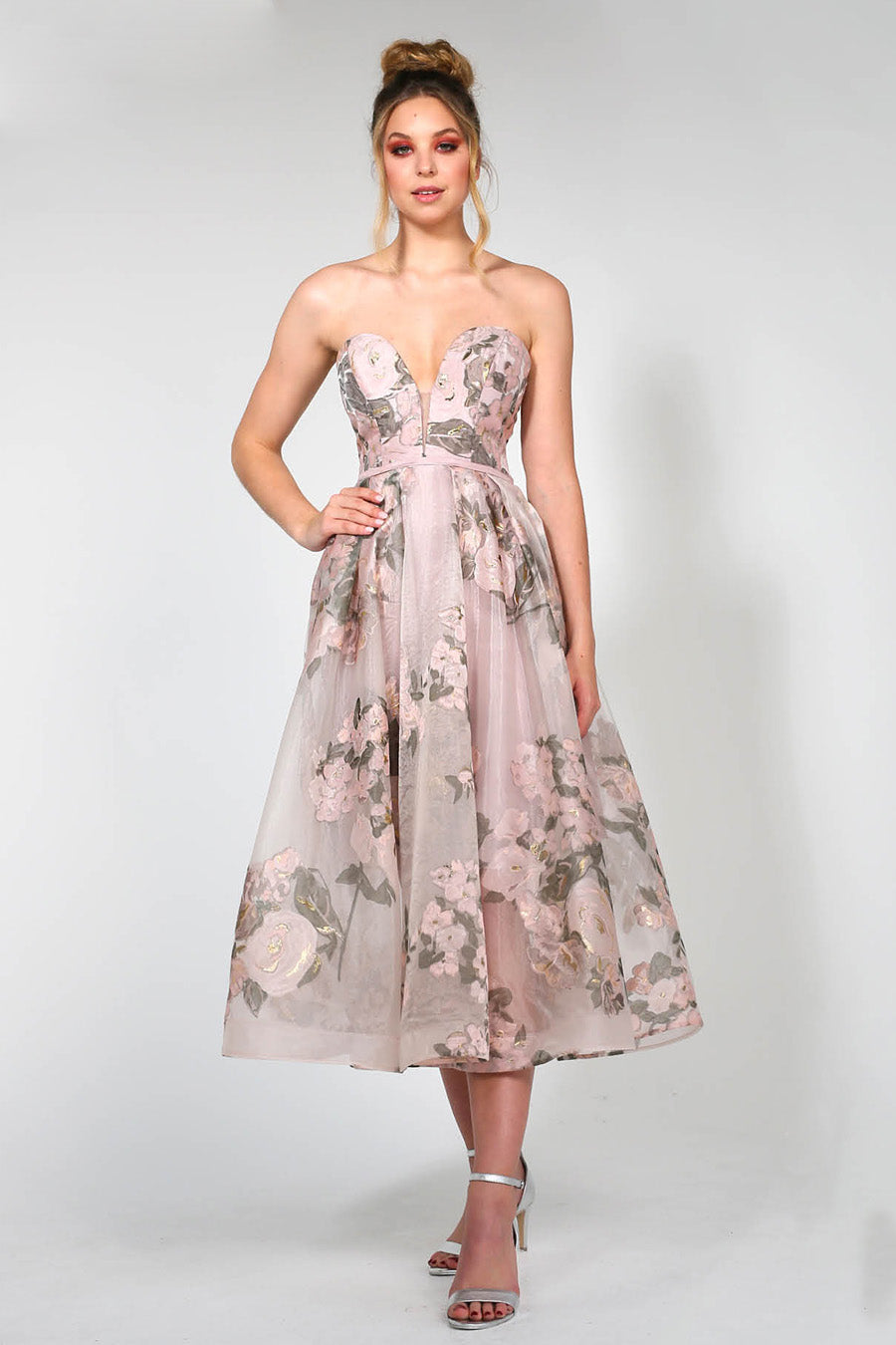 TINA HOLLY COUTURE TA819 pink floral chiffon strapless midi semi formal dress with floral pattern, Brisbane to Gold Coast