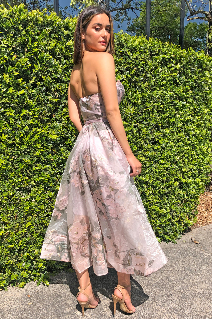 TINA HOLLY COUTURE TA819 pink floral chiffon strapless midi semi formal dress, zip back, garden setting, Brisbane to Gold Coast