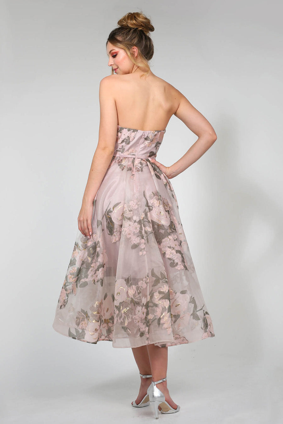 Tina Holly Couture TA819 Pink Floral Chiffon Strapless Midi Semi Formal Dress