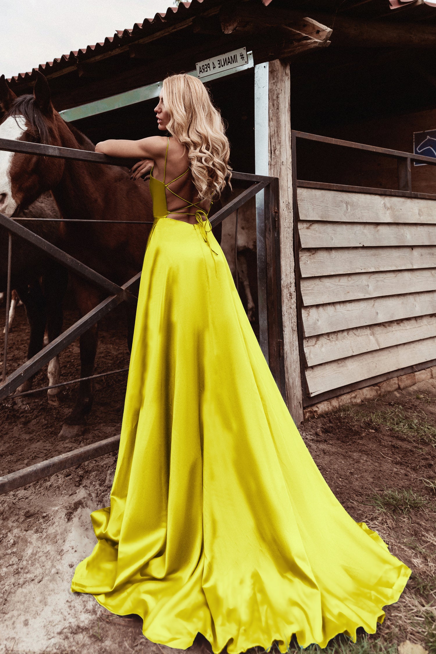 TINA HOLLY COUTURE TE001 Yellow Satin Lace Up Formal Dress with Open Back and Leg Split, School Formal Dress, Brisbane to Gold Coast