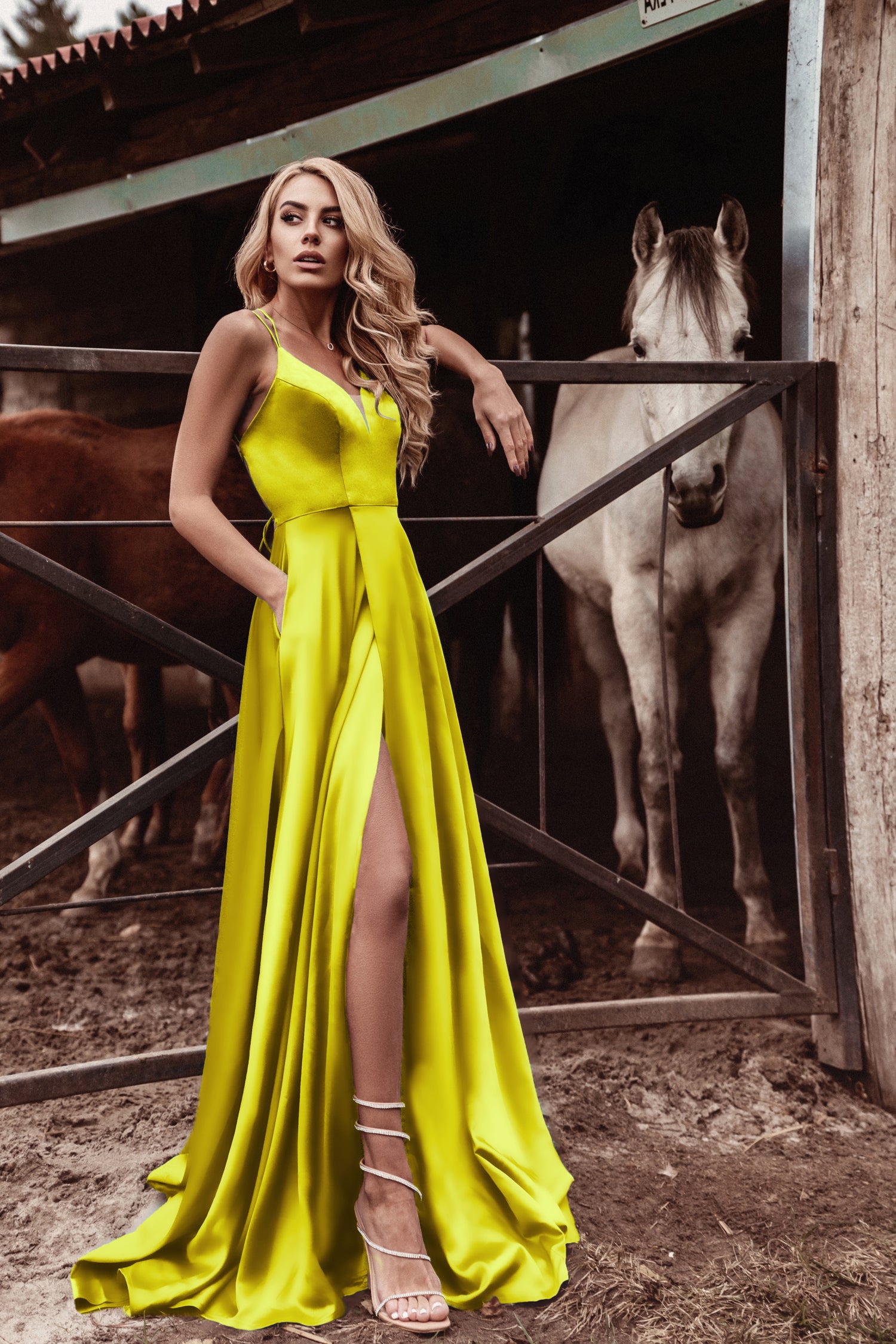 TINA HOLLY COUTURE TE001 Yellow Satin Lace Up Prom Gown with Leg Split. Elegant evening wear, perfect from Brisbane to Gold Coast.