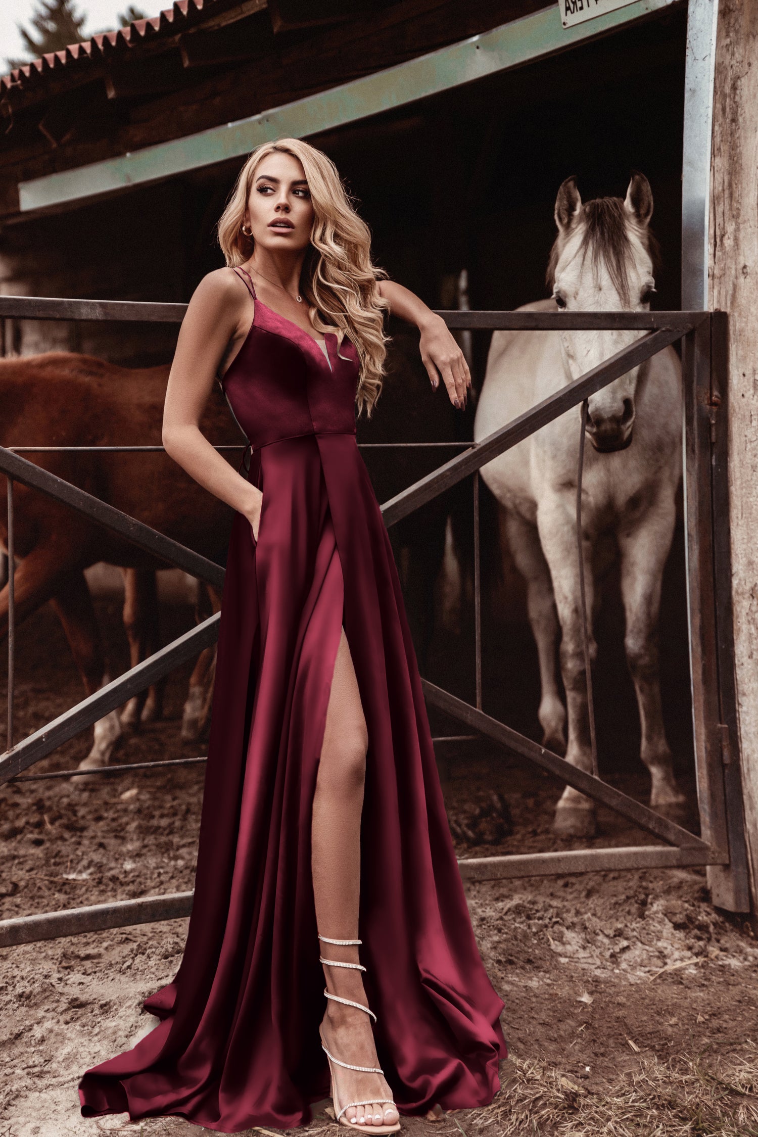 TINA HOLLY COUTURE TE001 burgundy satin dress with lace-up back and leg slit, formal gown Brisbane to Gold Coast