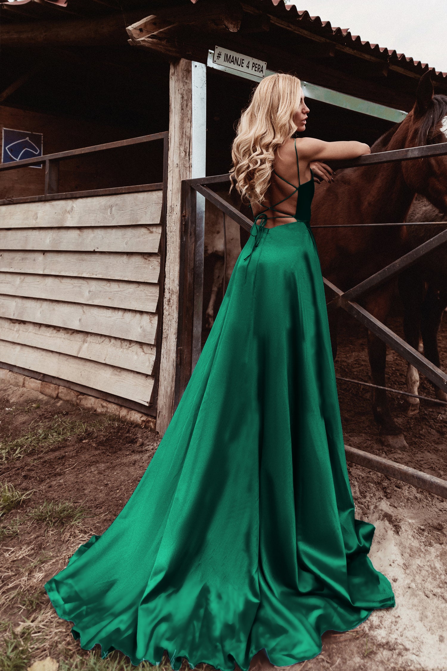 TINA HOLLY COUTURE TE001 Emerald green satin dress with lace-up back, suitable for formal events. Available from Brisbane to Gold Coast.
