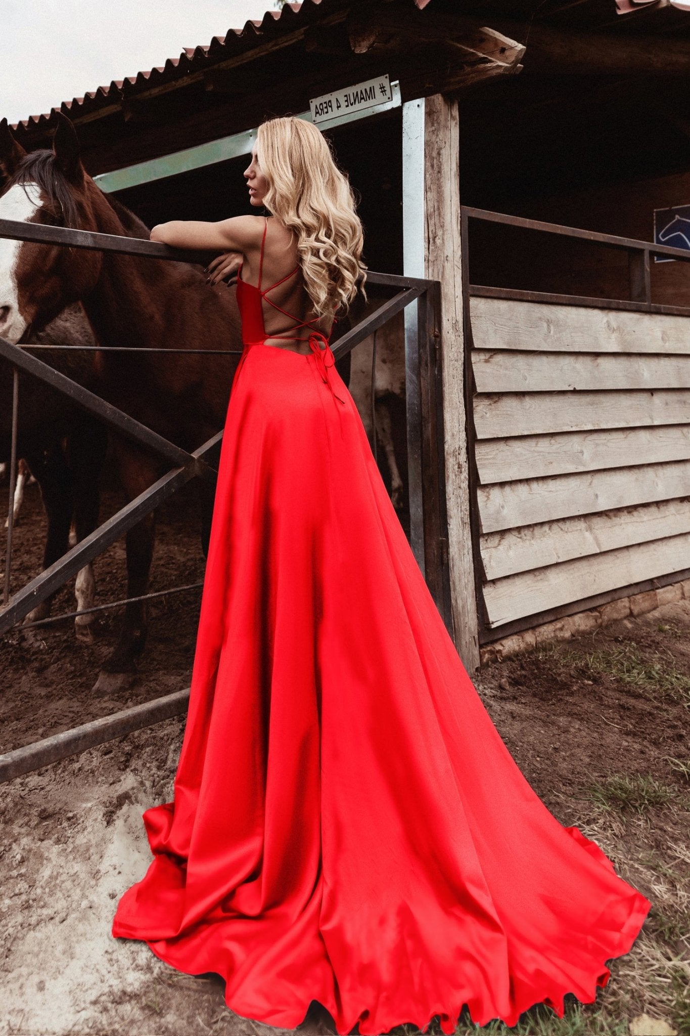 Tina Holly Couture TE001 Red Satin Lace Up Back Formal Dress in Australia | One Honey Boutique
