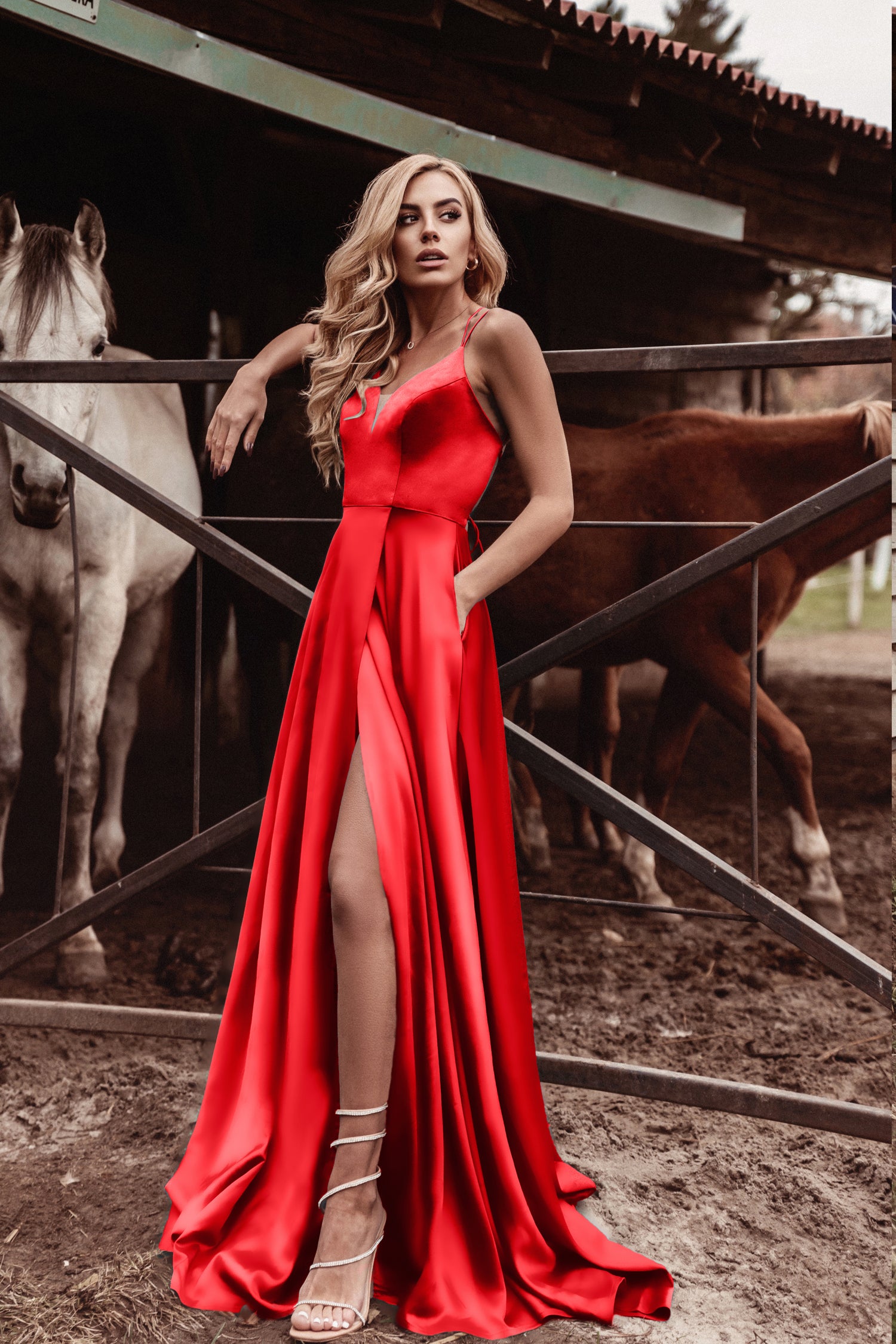 TINA HOLLY COUTURE TE001 Red Satin Leg Split Formal Dress with Lace Up Back, Brisbane to Gold Coast