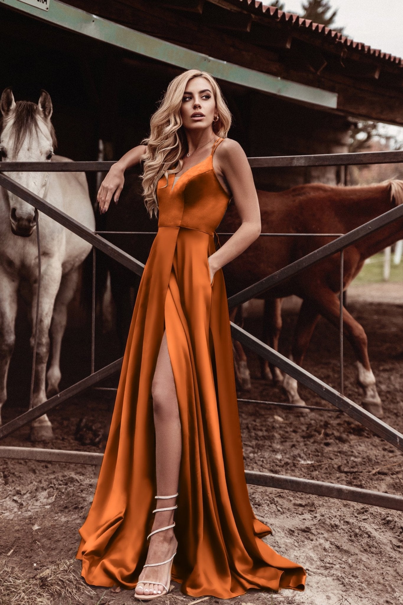 V-Neck Floor-Length Satin Formal A-Line Gown Tina Holly TE001 - Golden Rust / 18 V-Neck Floor-Length Satin Formal A-Line Gown Tina Holly TE001 - Golden Rust / 18