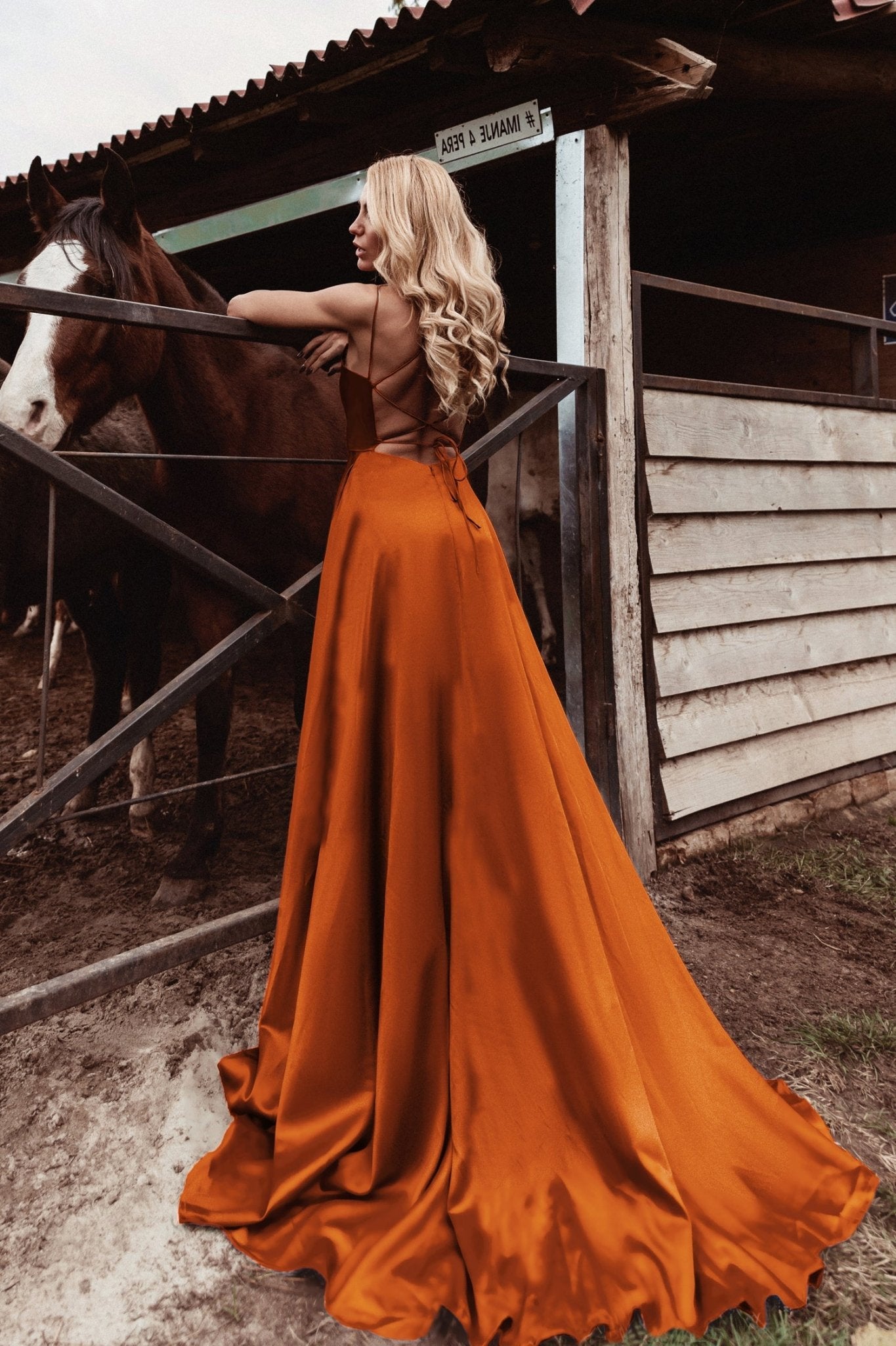 Tina Holly Couture TE001 Rust Orange Satin Lace Up Back Formal Dress in Australia | One Honey Boutique