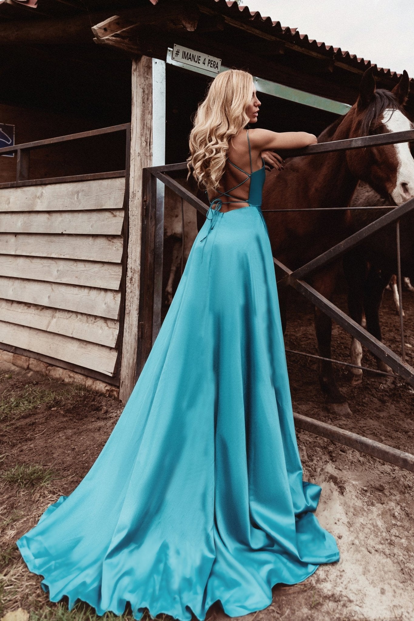Tina Holly Couture TE001 Teal Green Satin Lace Up Back Formal Dress in Australia | One Honey Boutique