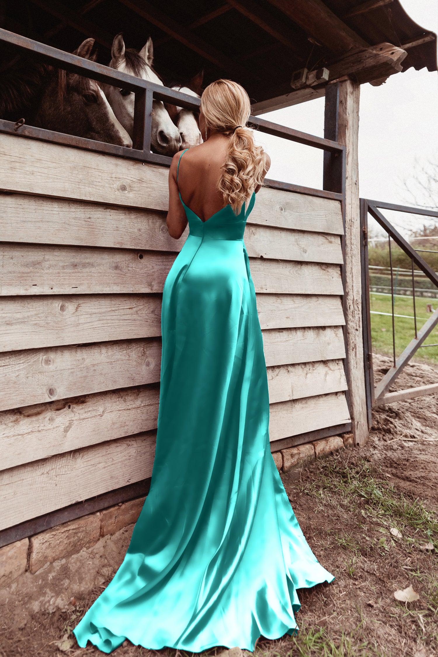 TINA HOLLY COUTURE TE003 Aqua satin gown, thin straps, V-back, horse stable, formal dress, Brisbane to Gold Coast, Australia.
