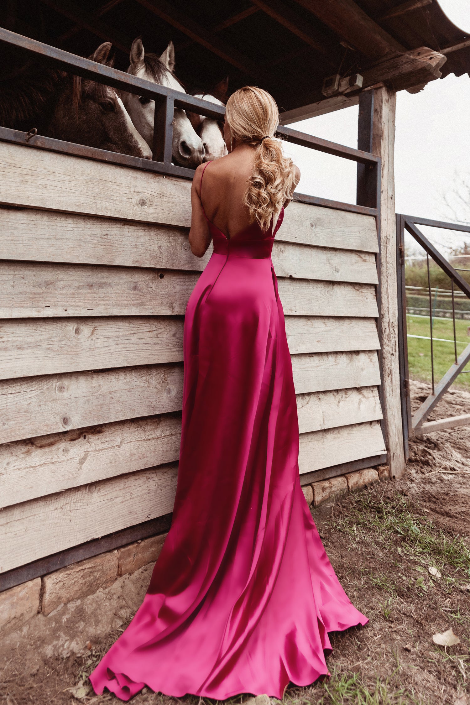 TINA HOLLY COUTURE TE003 Berry Pink Satin Dress, V Back, Leg Split, Formal Gown Brisbane to Gold Coast