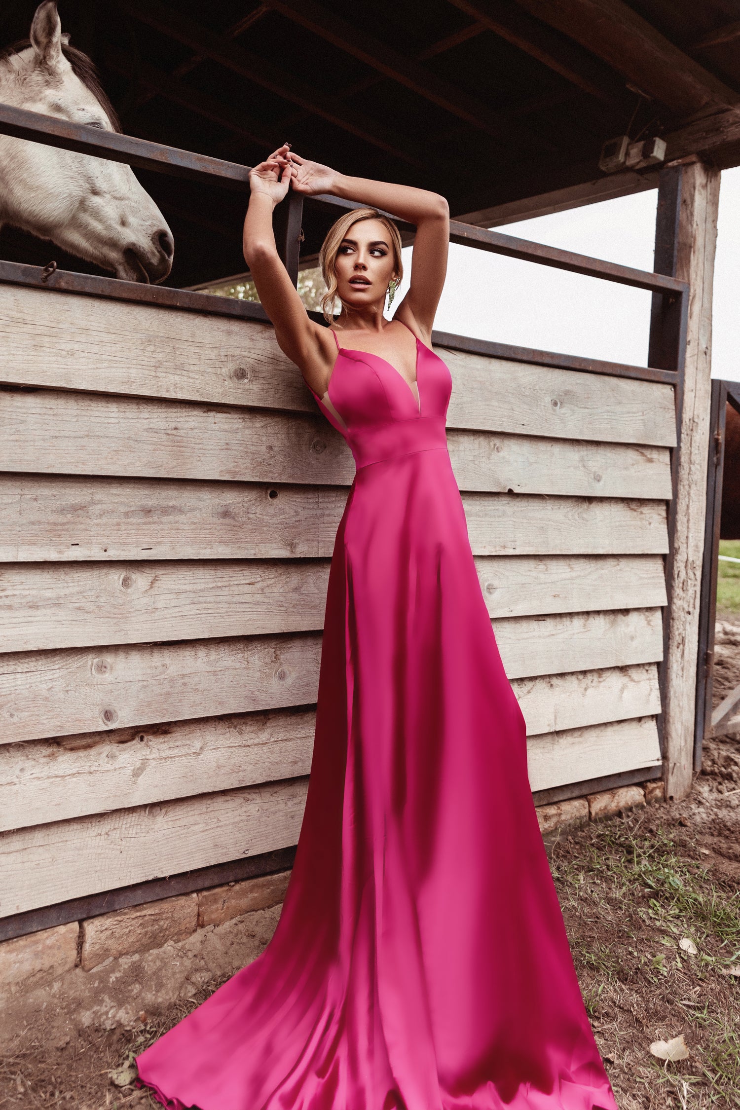 TINA HOLLY COUTURE TE003 Berry pink satin formal dress with V-back and leg split, school formal gown, Brisbane to Gold Coast