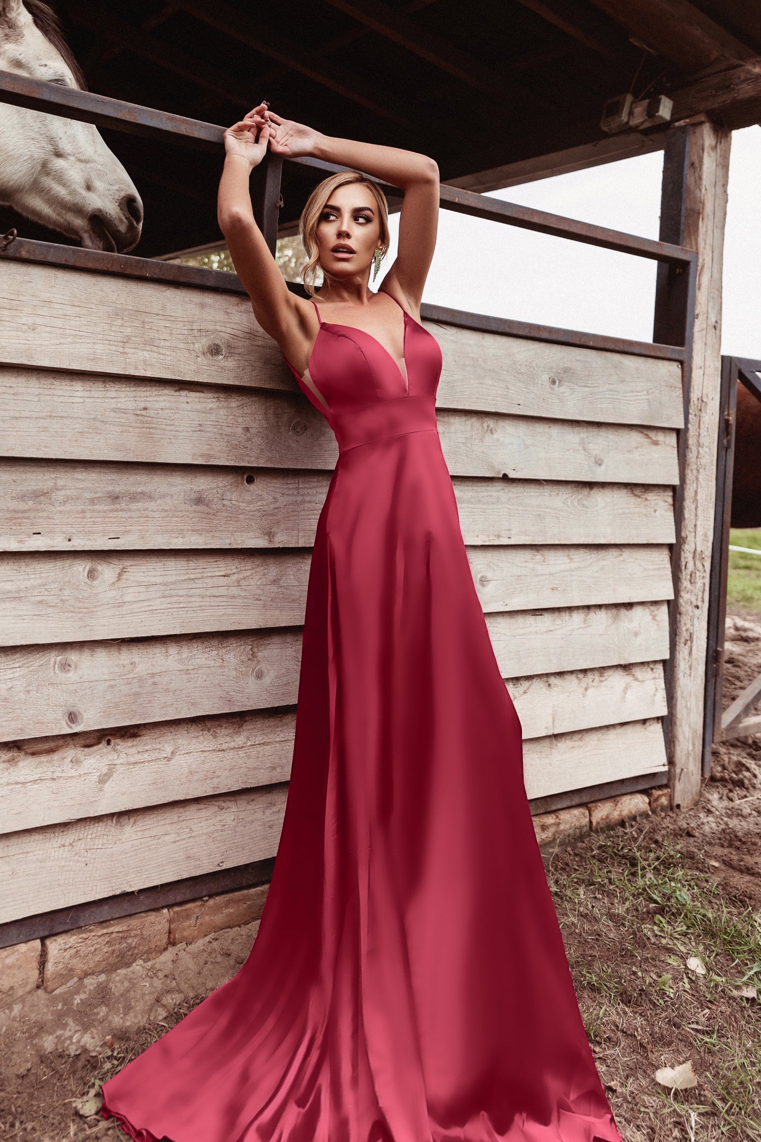 TINA HOLLY COUTURE TE003 Burgundy satin formal dress with leg split, V back and thin straps. Prom school formal gown. Brisbane to Gold Coast.