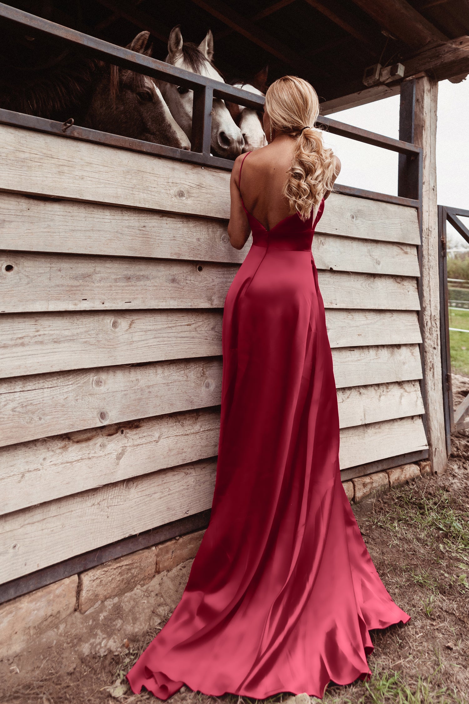 TINA HOLLY COUTURE TE003 burgundy satin formal dress with V back, thin straps and floor-length design, Brisbane to Gold Coast Australia