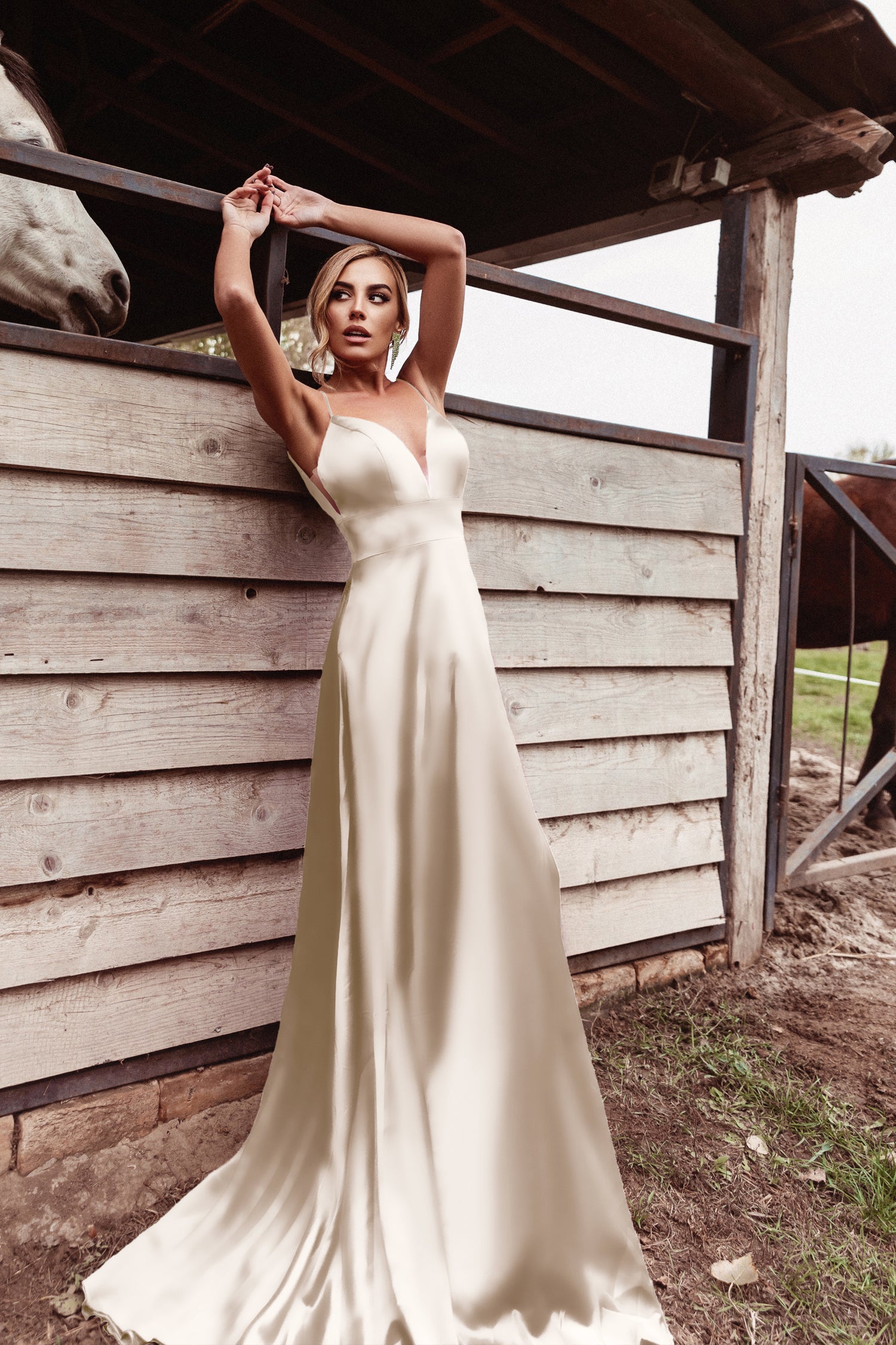 TE003 Champagne Gold Satin Formal Dress with V Back and Thin Straps, Elegant Silhouette, Brisbane to Gold Coast, Australia.
