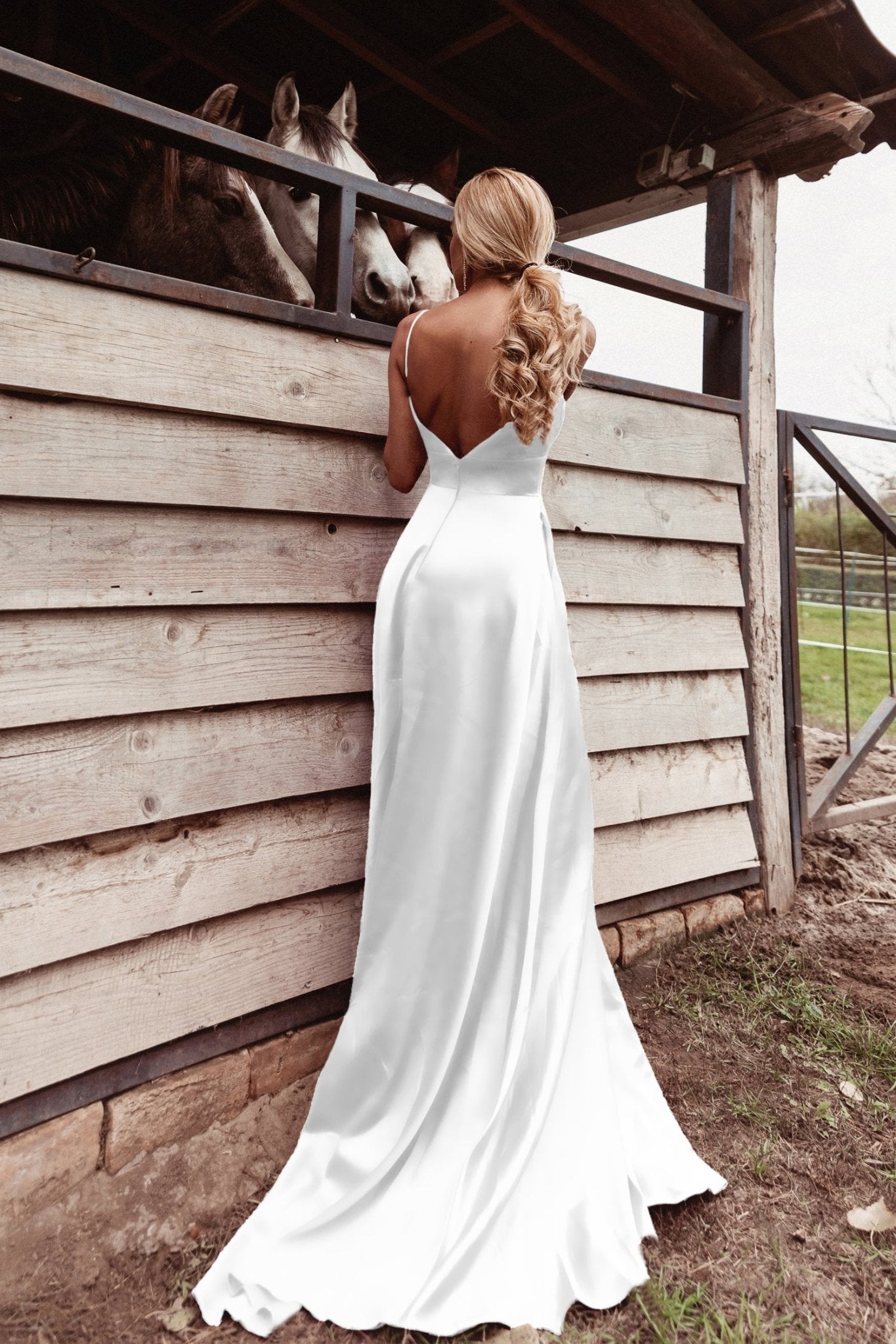 Tina Holly Couture TE003 Off White V - Neckline Faux Wrap Skirt Floor - Length And Thigh High Slit Dress in Australia | One Honey Boutique