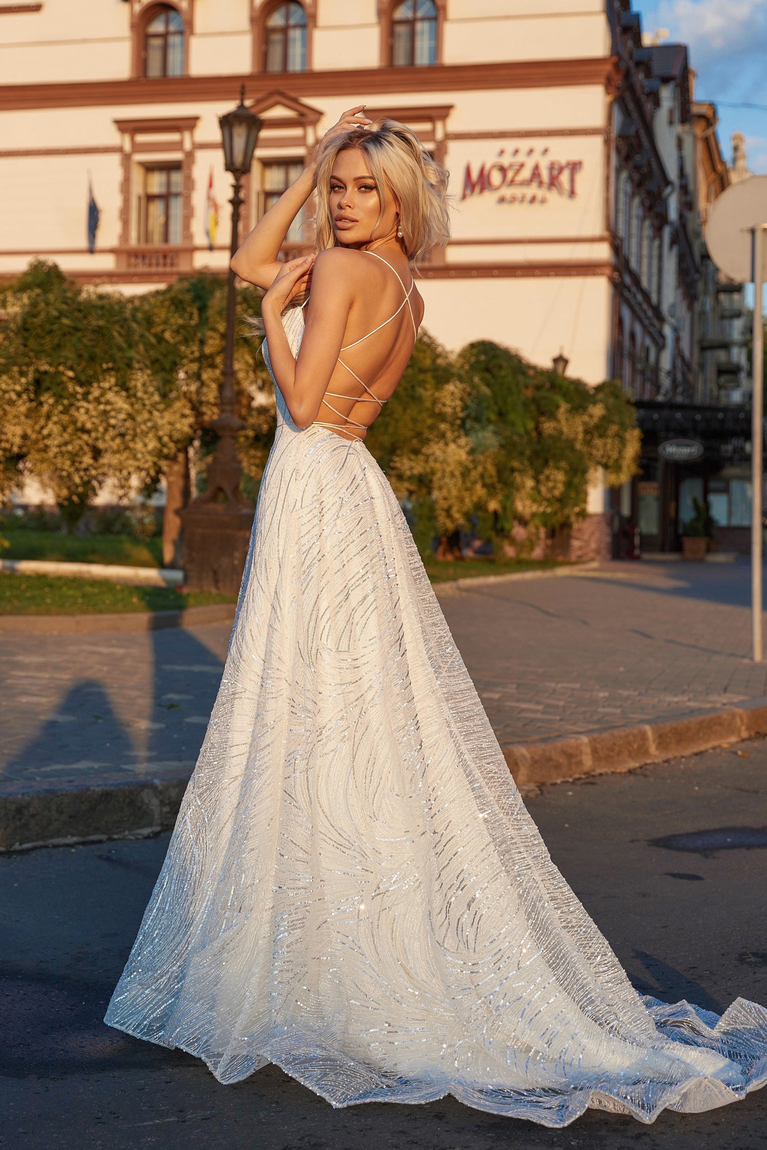 TINA HOLLY COUTURE TE321W Off White Wedding Dress with Lace Up Back, Sequin Embellishments, Apron Neckline, Brisbane to Gold Coast