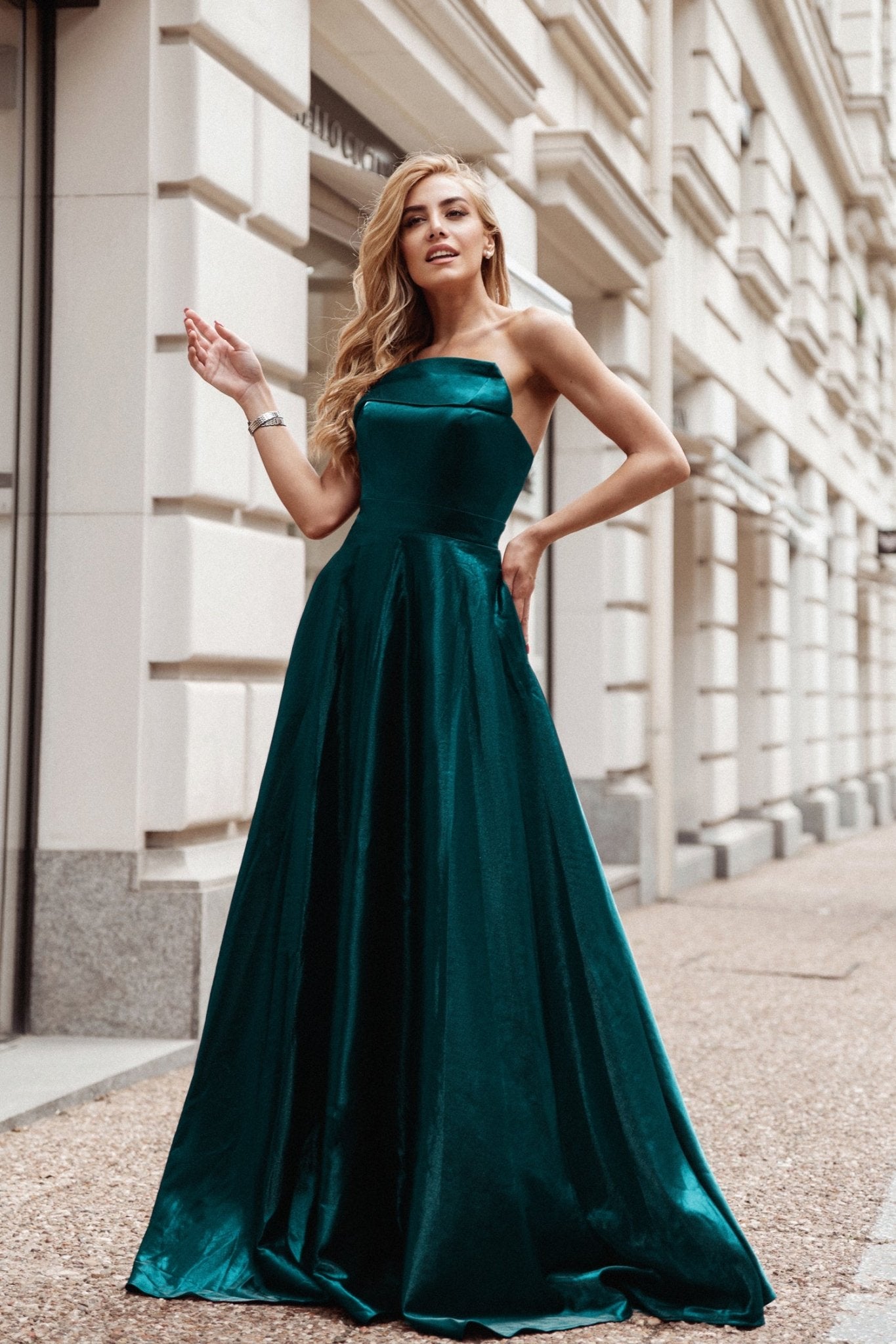 Tina Holly Couture TE720 Peacock Emerald Green Satin Asymmetrical Strapless Silky Formal Dress in Australia | One Honey Boutique