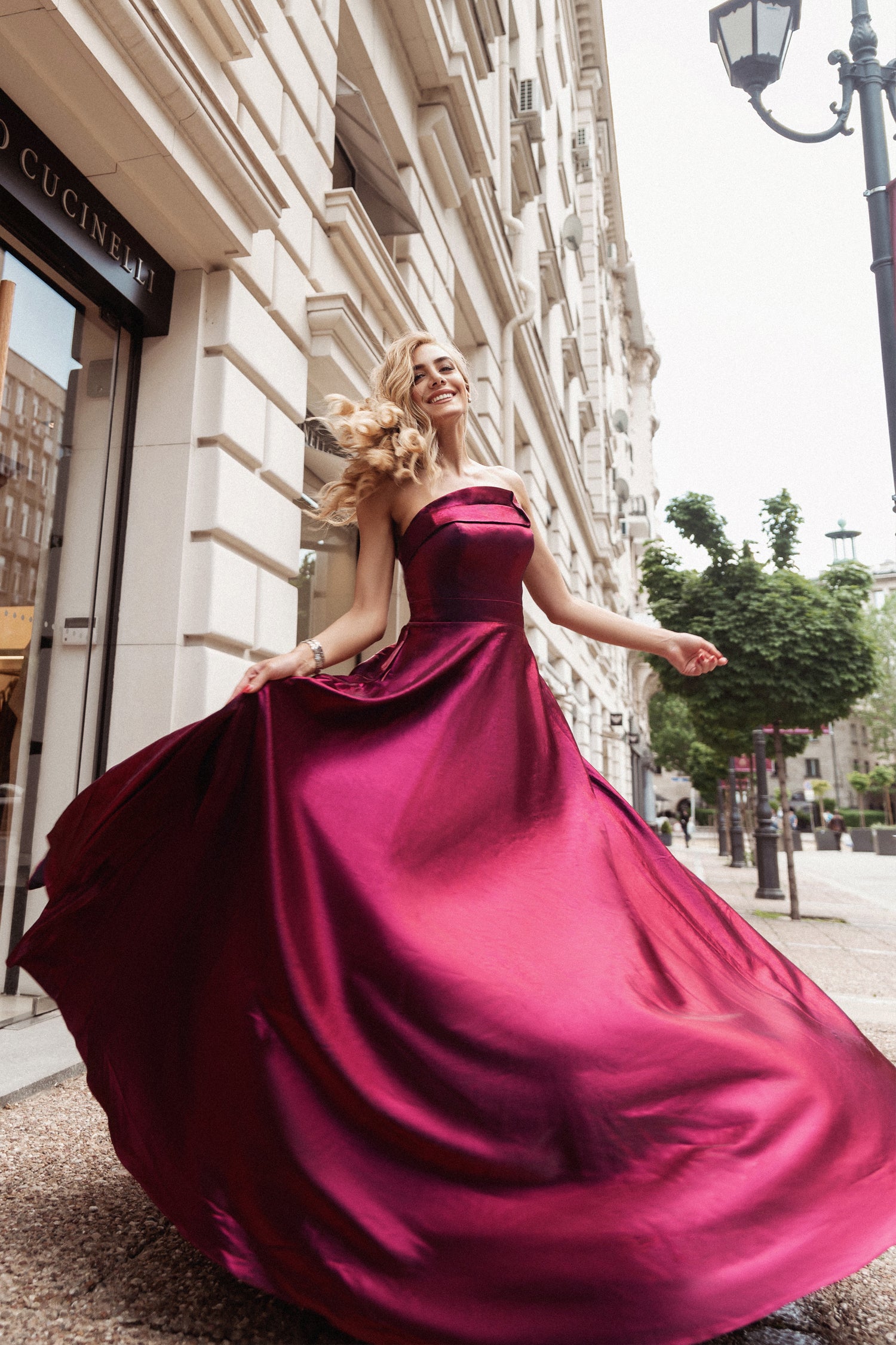 Tina Holly Couture TE720 Berry Satin Asymmetrical Strapless Silky Formal Dress