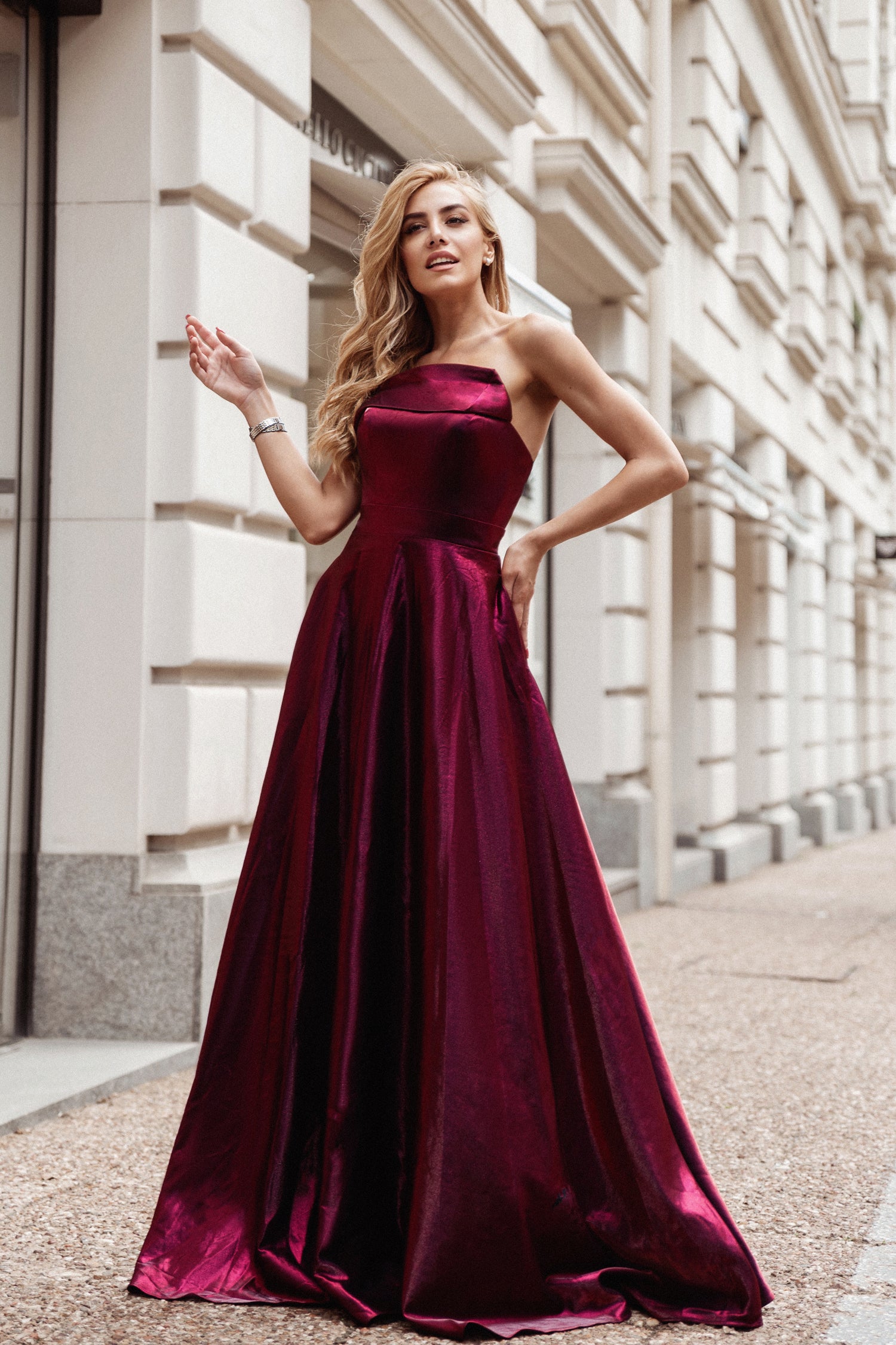 TINA HOLLY COUTURE TE720 Berry satin asymmetrical strapless formal dress, long elegant design. Perfect for Brisbane to Gold Coast, Australia.