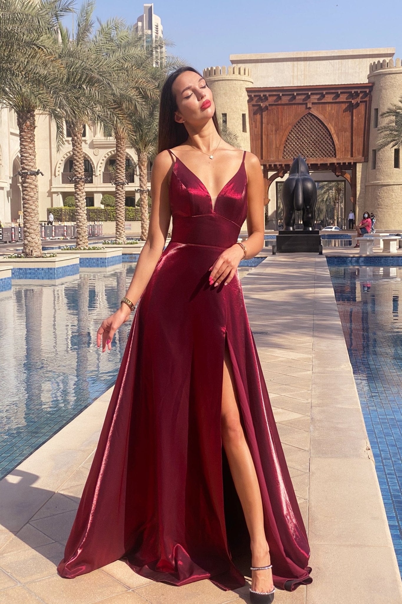Tina Holly Couture TE820 Berry Satin V Front Silky Formal Dress in Australia | One Honey Boutique
