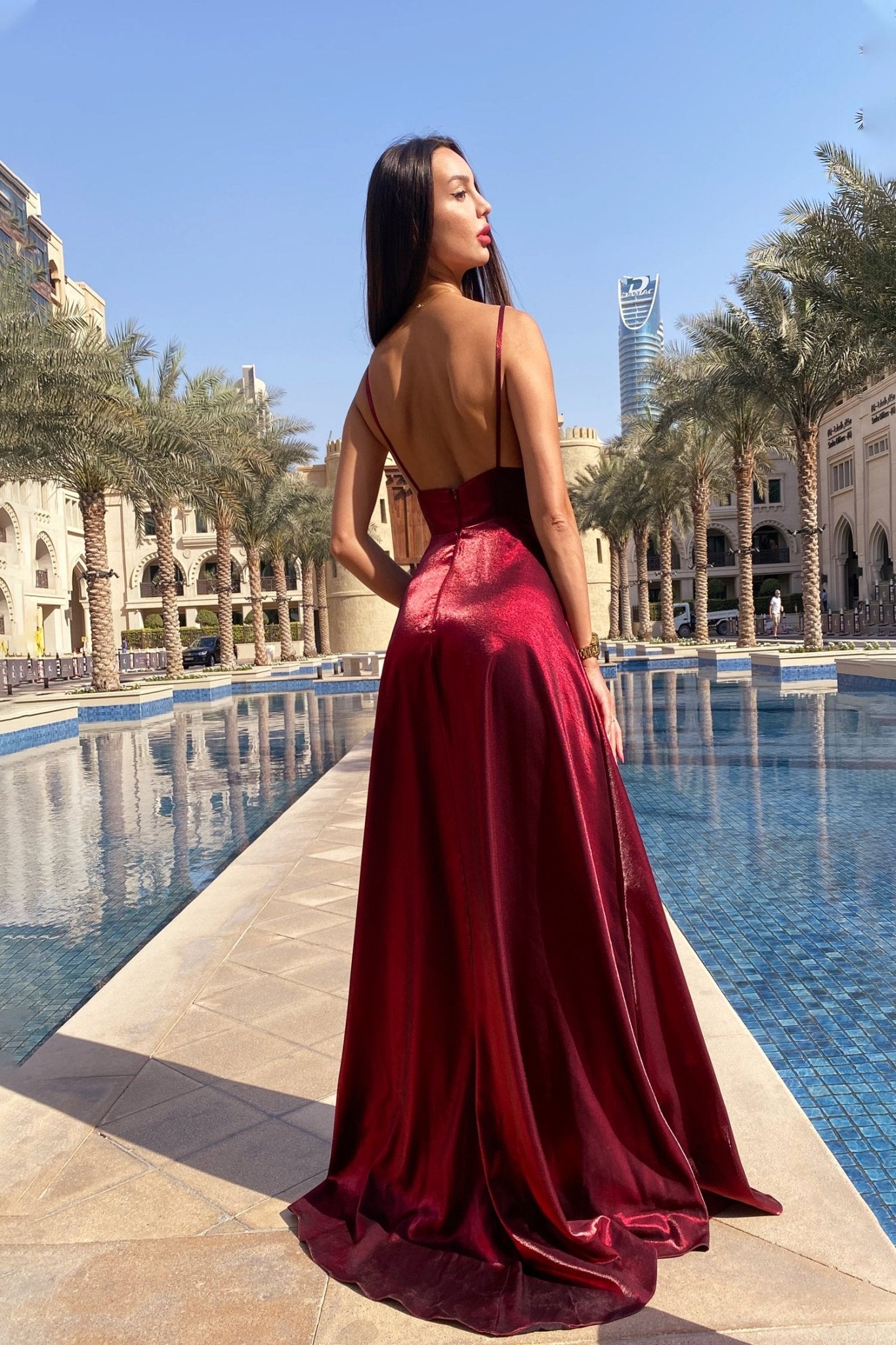 Tina Holly Couture TE820 Berry Satin V Front Silky Formal Dress in Australia | One Honey Boutique