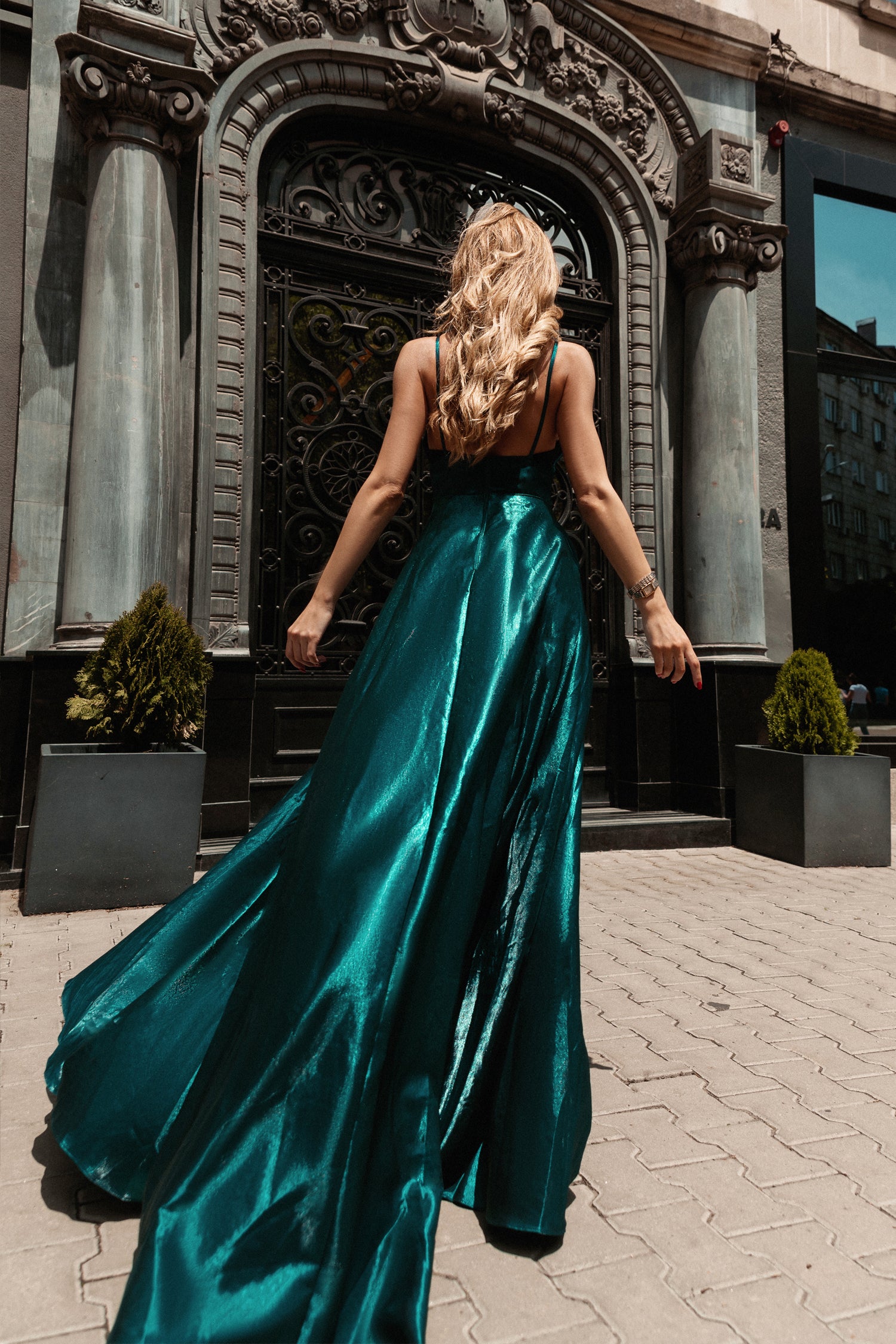 TINA HOLLY COUTURE TE820 emerald green satin formal dress with leg split, perfect for school formals, Brisbane to Gold Coast.