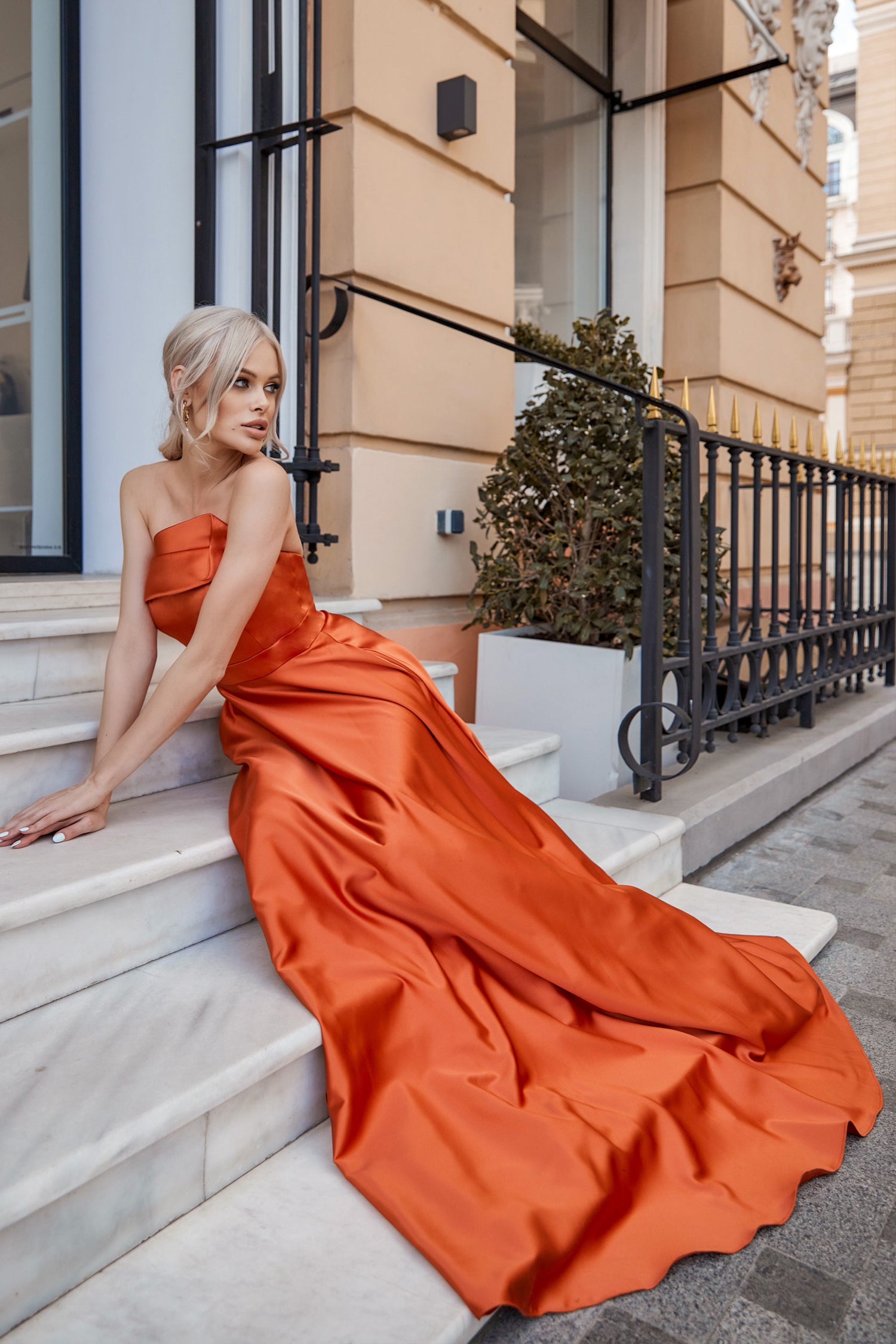 TINA HOLLY COUTURE TE920 strapless ballgown in golden rust satin. Elegant formal dress for proms. From Brisbane to Gold Coast, Australia.